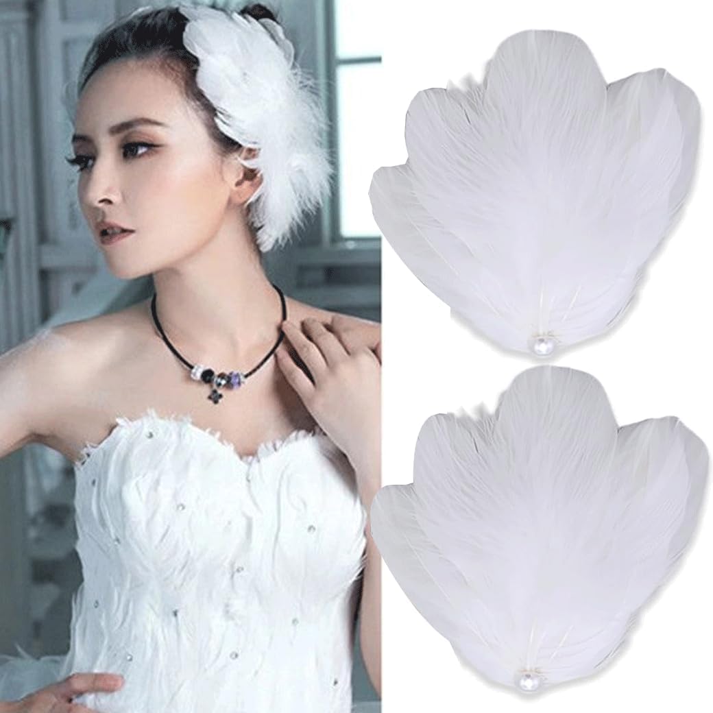 White Feather Hair Clips for Women 2 Packs, Ballet Style Pearl Ostrich White Swan Feather Hair Pins Accessories, Fly-Wing Shape Hair Barrettes Accessory Hairpins for Swan Lake Cosplay Show Dance