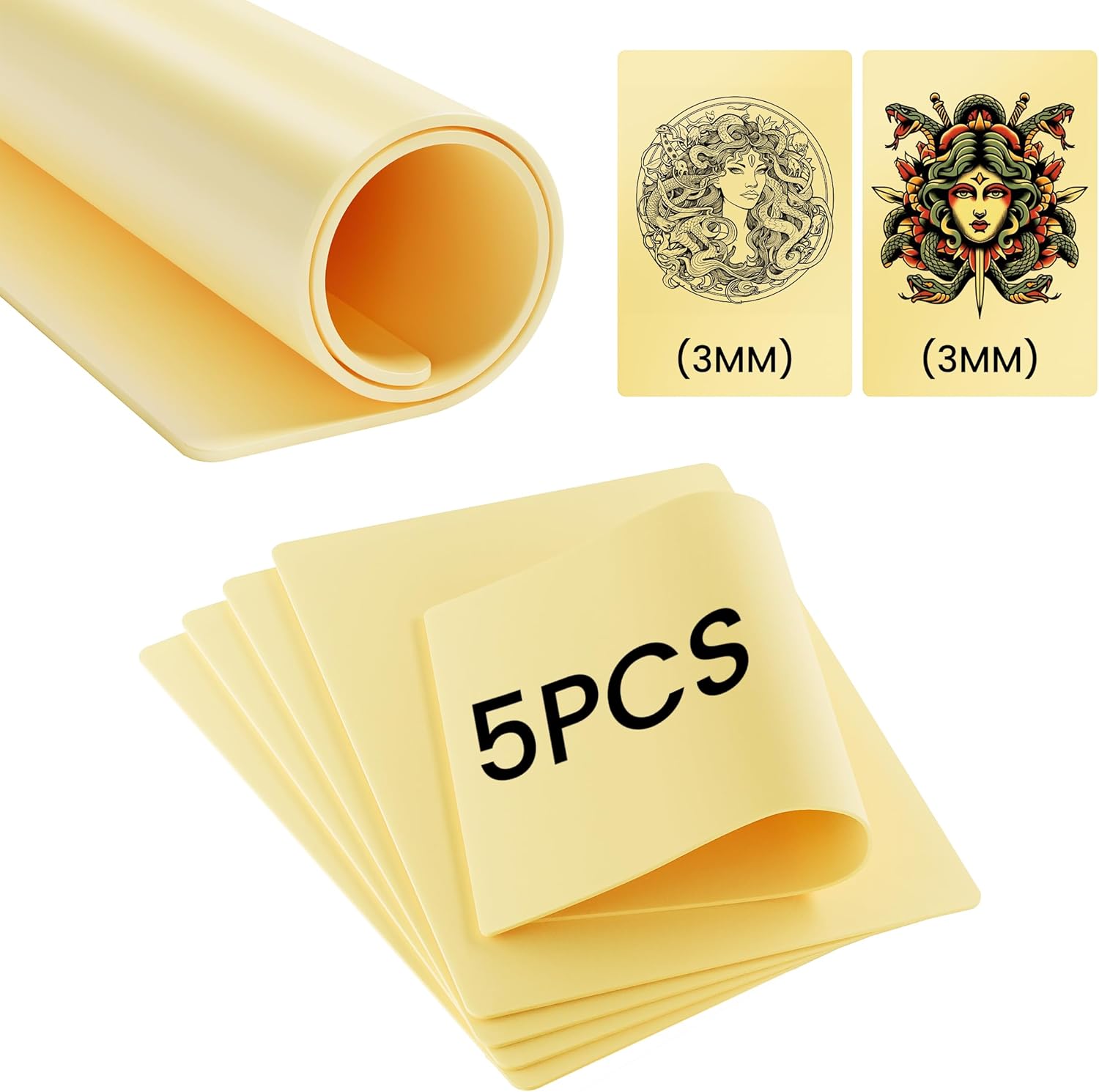 Phomemo 3MM Blank Tattoo Fake Skin, 5Pcs Double Sides Fake Tattoo Skins for Tattooing & Microblading Eyebrow Practice, 12" x 8" Soft Tattoo Practice Skins for Tattoo Beginners & Artists, Tattoo Supply