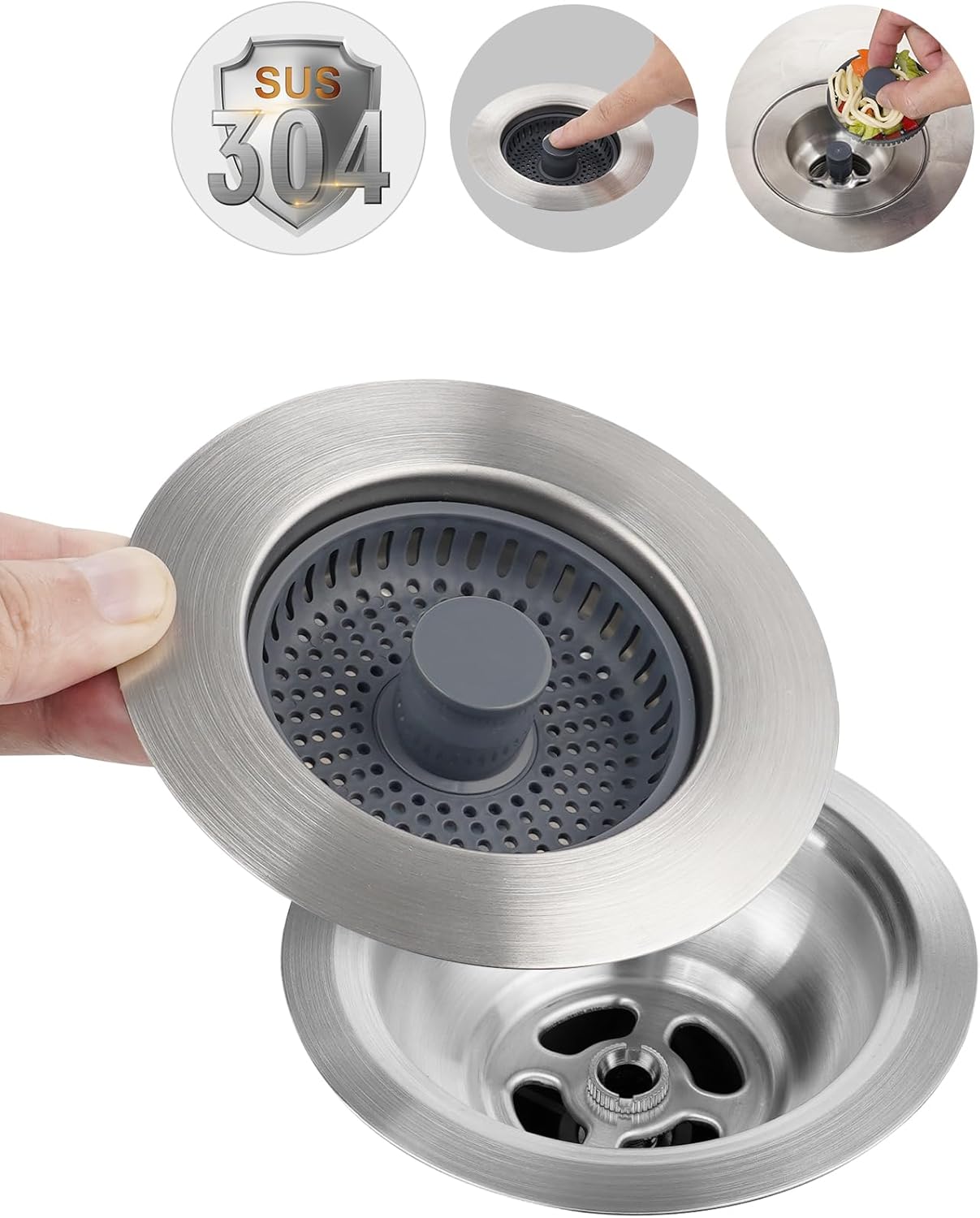 Universal 3 in 1 Metal Kitchen Sink Drain Strainer, Upgraded Stainless Steel Drain Stopper Combo, Pop Up Sink Stopper, Anti-Clogging Basket Strainer with Handle for US Standard 3-1/2" Drain