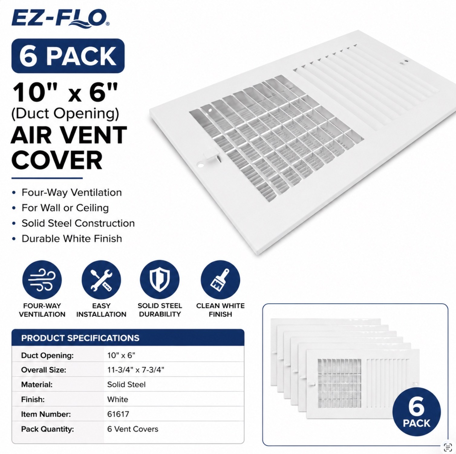 6 Pack - EZ-FLO 10 x 6 Inch (Duct Opening) Air Vent Cover for Wall or Ceiling, Four-Way Ventilation Register, Solid Steel HVAC Register Cover, White, 61617