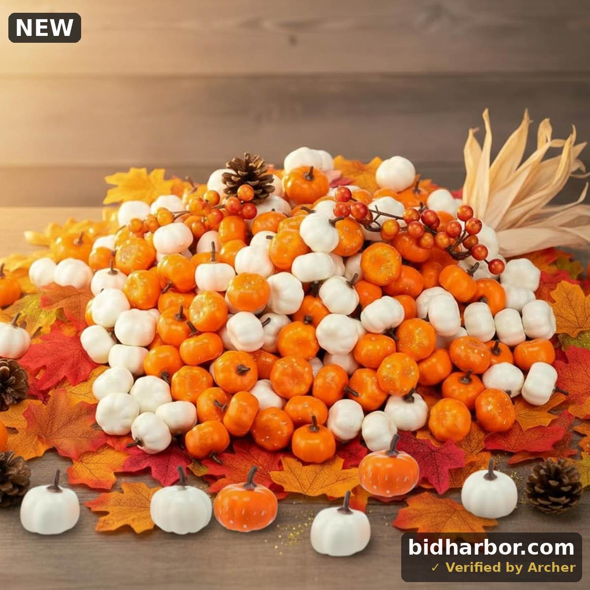 Thyle 400pcs Fall Decors Bulk -200 Pcs Mini Fake Pumpkins & 200 Pcs Fall Leaves Artificial Pumpkin Set Autumn Decor for Halloween Harvest Thanksgiving Baby Shower Wedding Decorations(White,Orange)