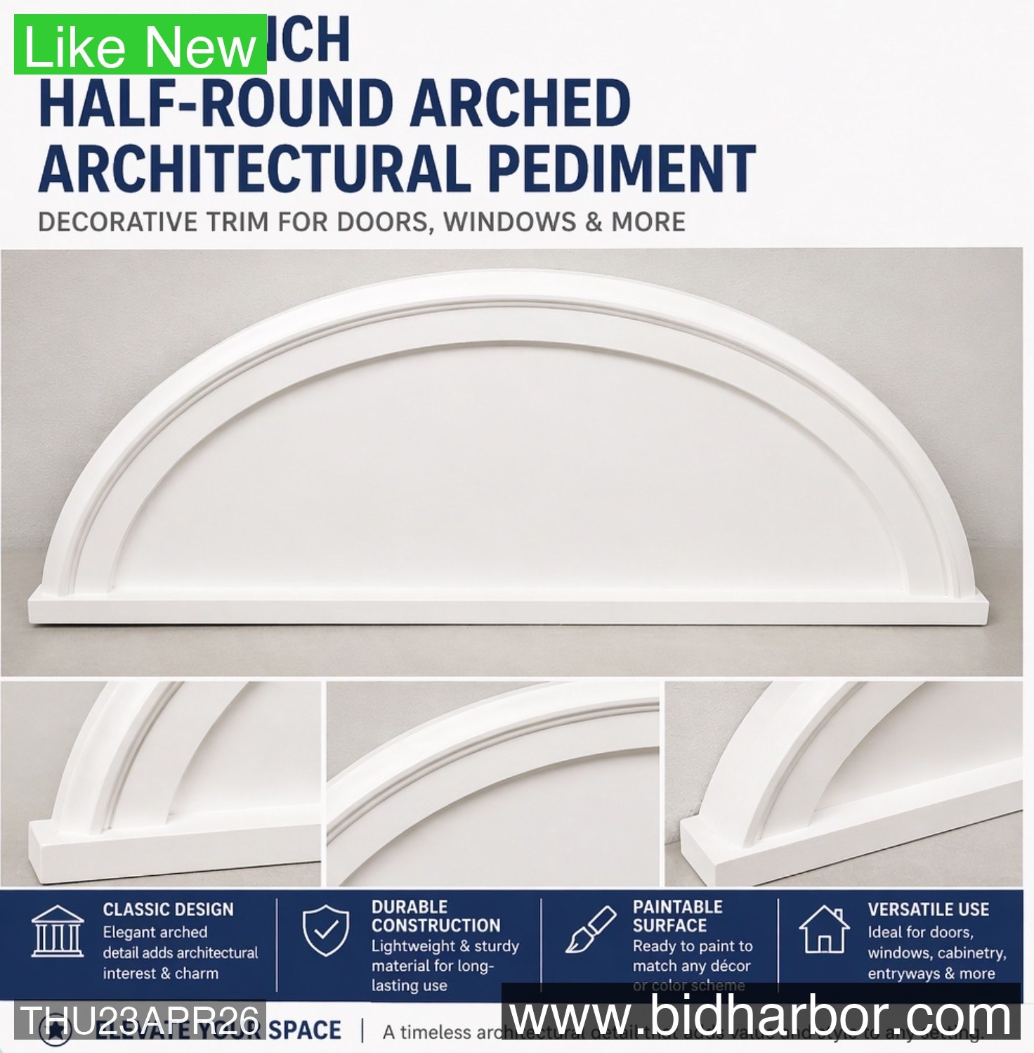32 x 16 Inch Half-Round Architectural Pediment White Decorative Trim