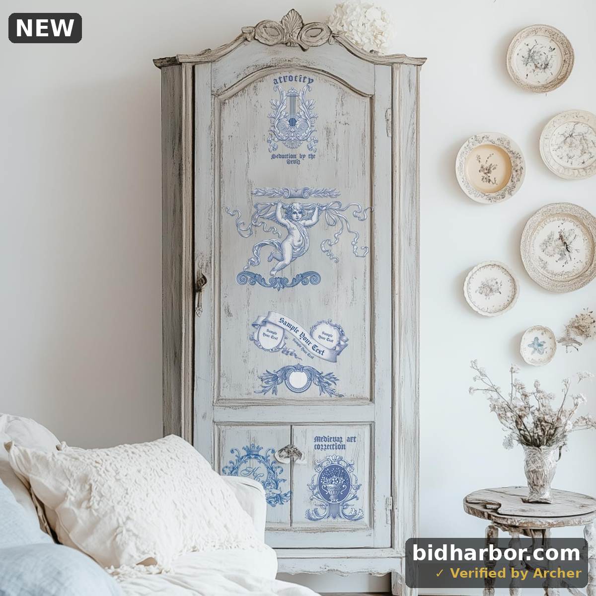 Rub on Transfer for Furniture, Vintage Floral Furniture DTF Transfers, Large Flower Stickers for Wood Glass Home Decor, Blue Angel