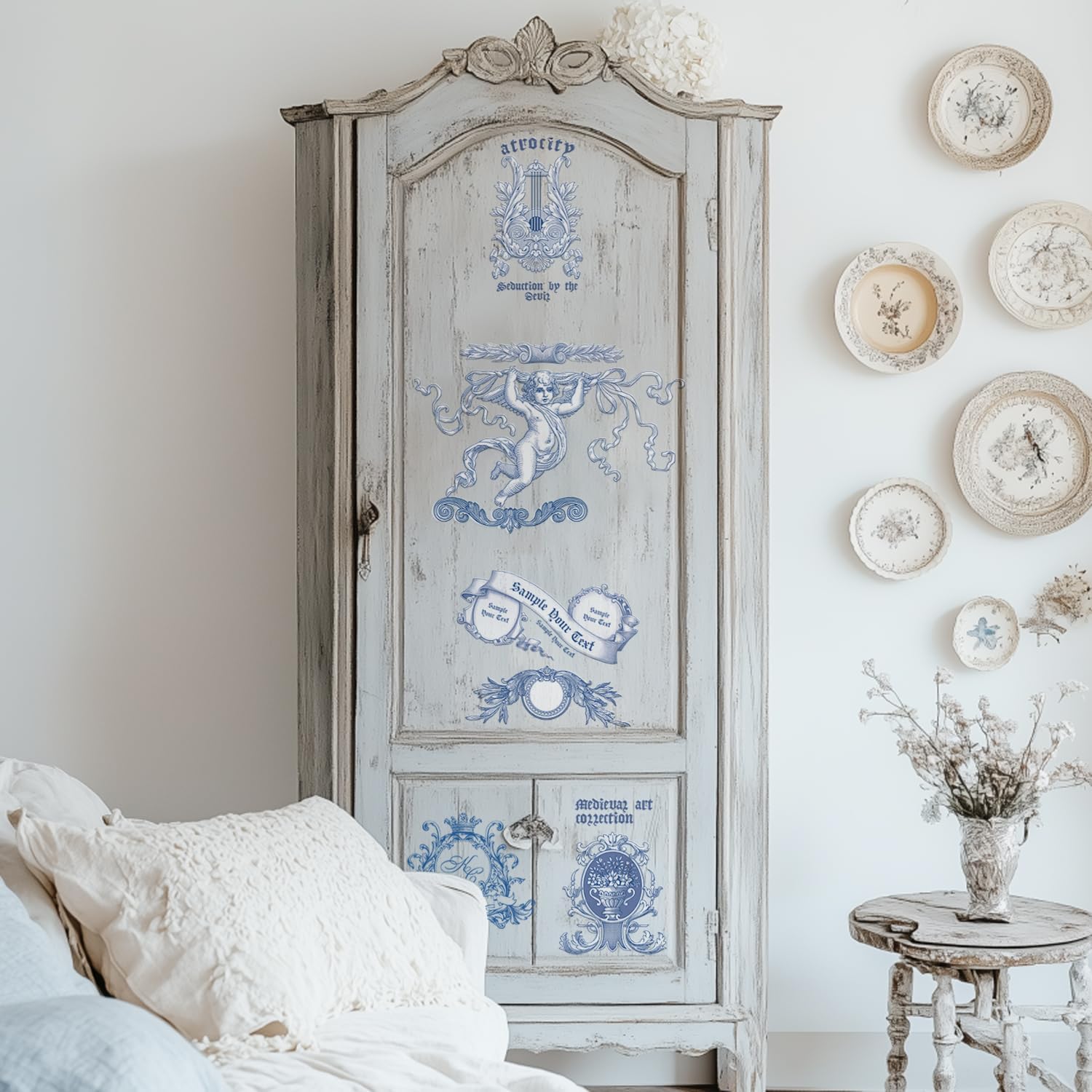 Rub on Transfer for Furniture, Vintage Floral Furniture DTF Transfers, Large Flower Stickers for Wood Glass Home Decor, Blue Angel