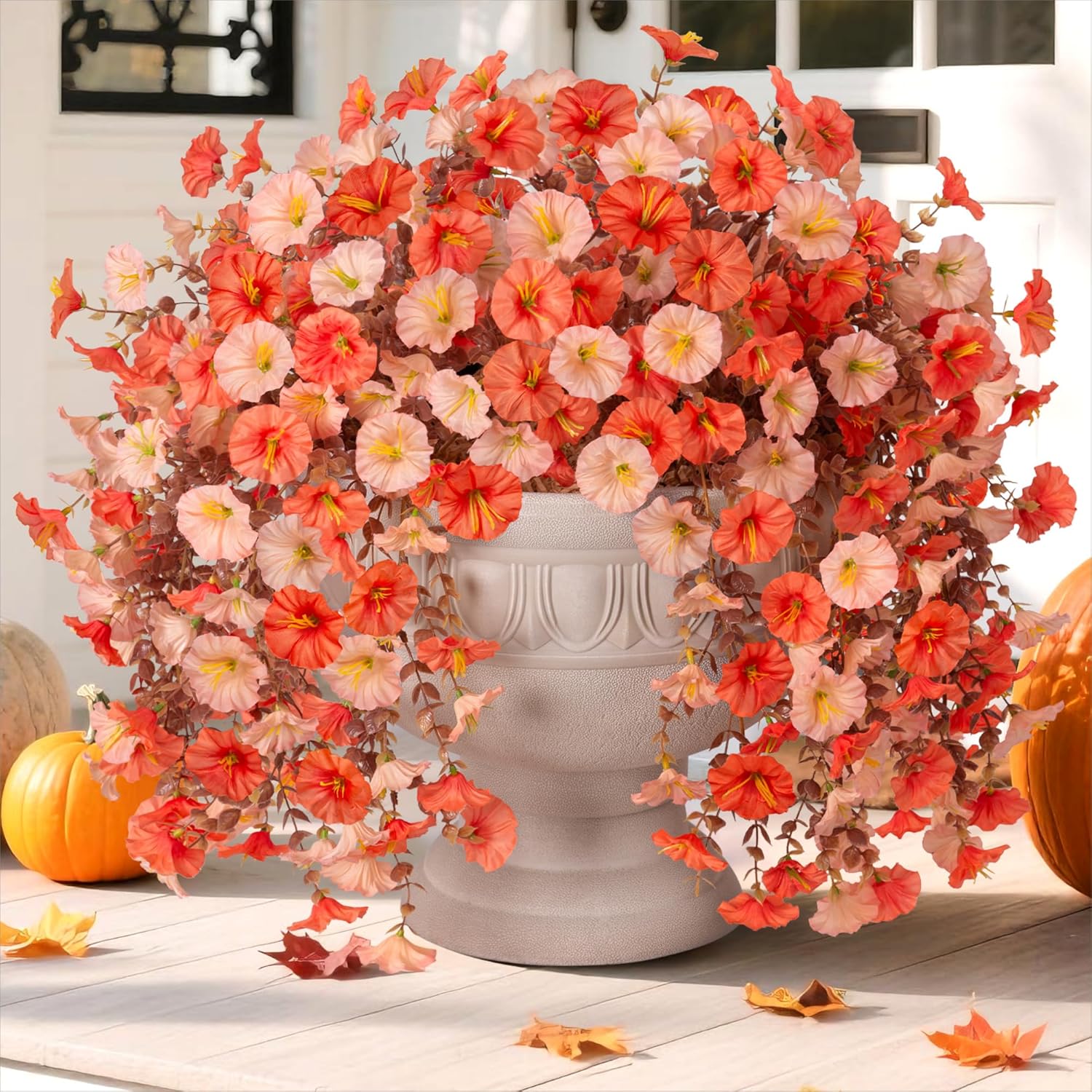 Artificial Faux Mums Fall Flowers for Outdoor Outside Decoration, 2 PCS Fake Hanging Flowers Silk Morning Glory Plants with Eucalyptus for Home Garden Decor