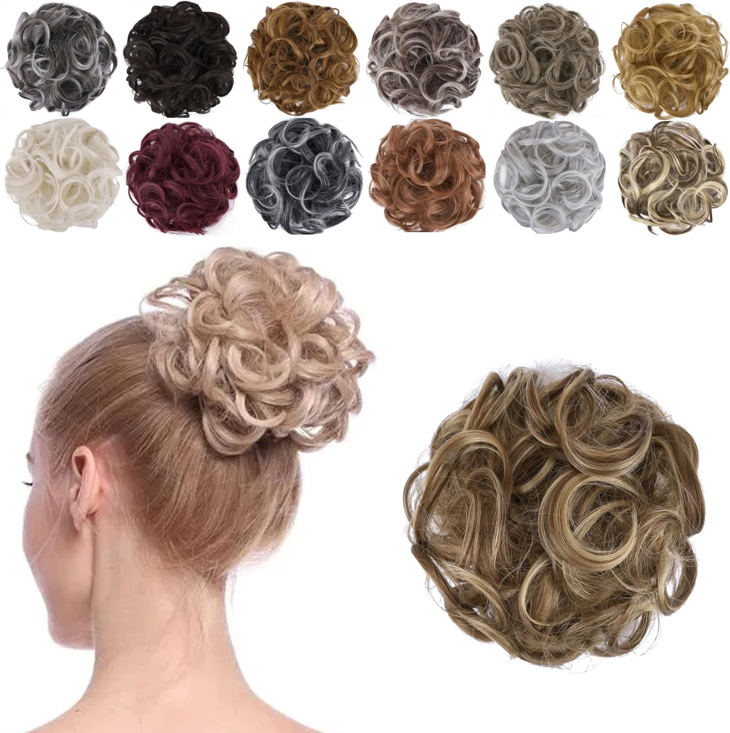 Messy Bun Hair Piece for Women, Thick Curly Hair Bun Scrunchies Synthetic Wavy Bun Hair Extensions Chignon Ponytail Updo Hairpieces Golden Brown Mixed -#60
