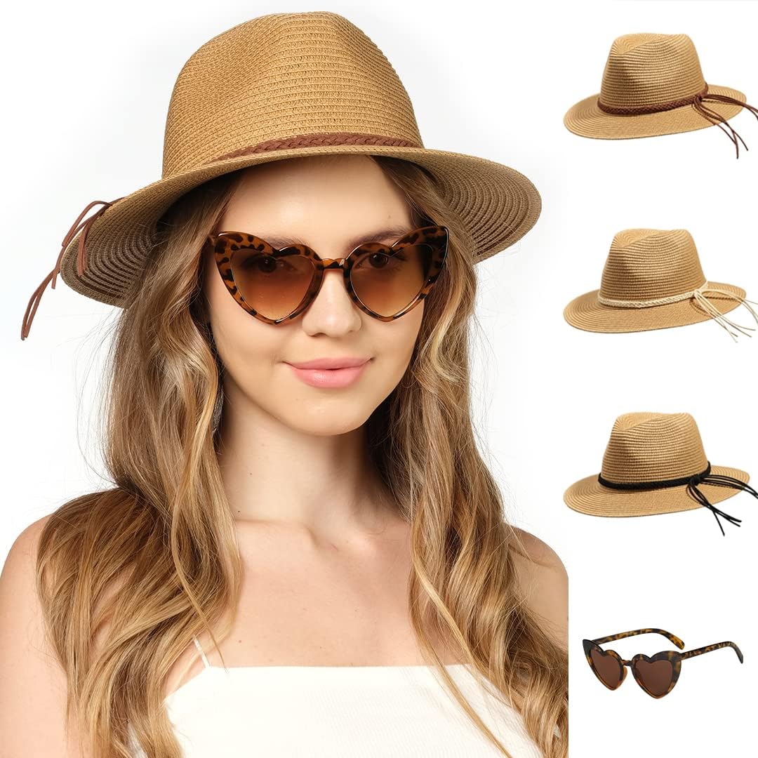 Funcredible Khaki Fedora Hat - Beach Hats for Women - Straw Hats with Bow and Heart Shape Glasses - Packable Panama Hat for Women - Fedora Sun Hat