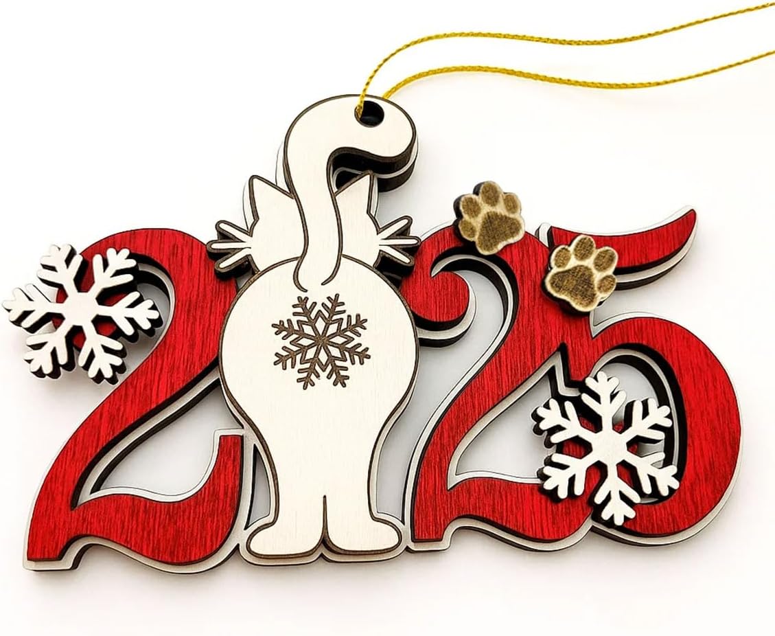 Cat Christmas Ornament – 2025 Cat Christmas Tree Hanging Ornament - Cute Wooden Kitten Tree Decoration with Snowflakes & Paw Prints for Kitten Lovers, Pet Owner Christmas Décor