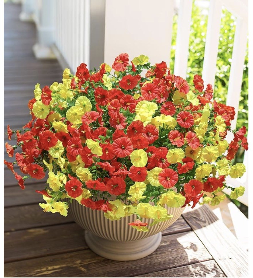 Alupssuc 4PCS Artificial Fall Mums Flowers for Outdoors Decoration,UV Resistant Fake Hanging Plants Faux Silk Morning Glory for Autumn Decor Home Outside Gardens Porch Yard Wall,Orange Yellow Brown