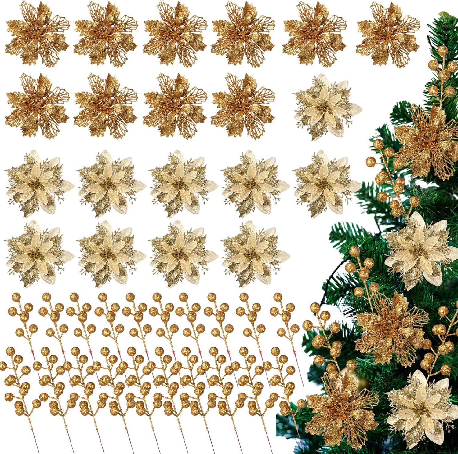 60 Pcs Pink 6 Styles Christmas Artificial Poinsettia Flowers with Glitter Berries Stems Tree Picks for Christmas Tree Ornaments DIY Xmas Wreath Crafts Holiday