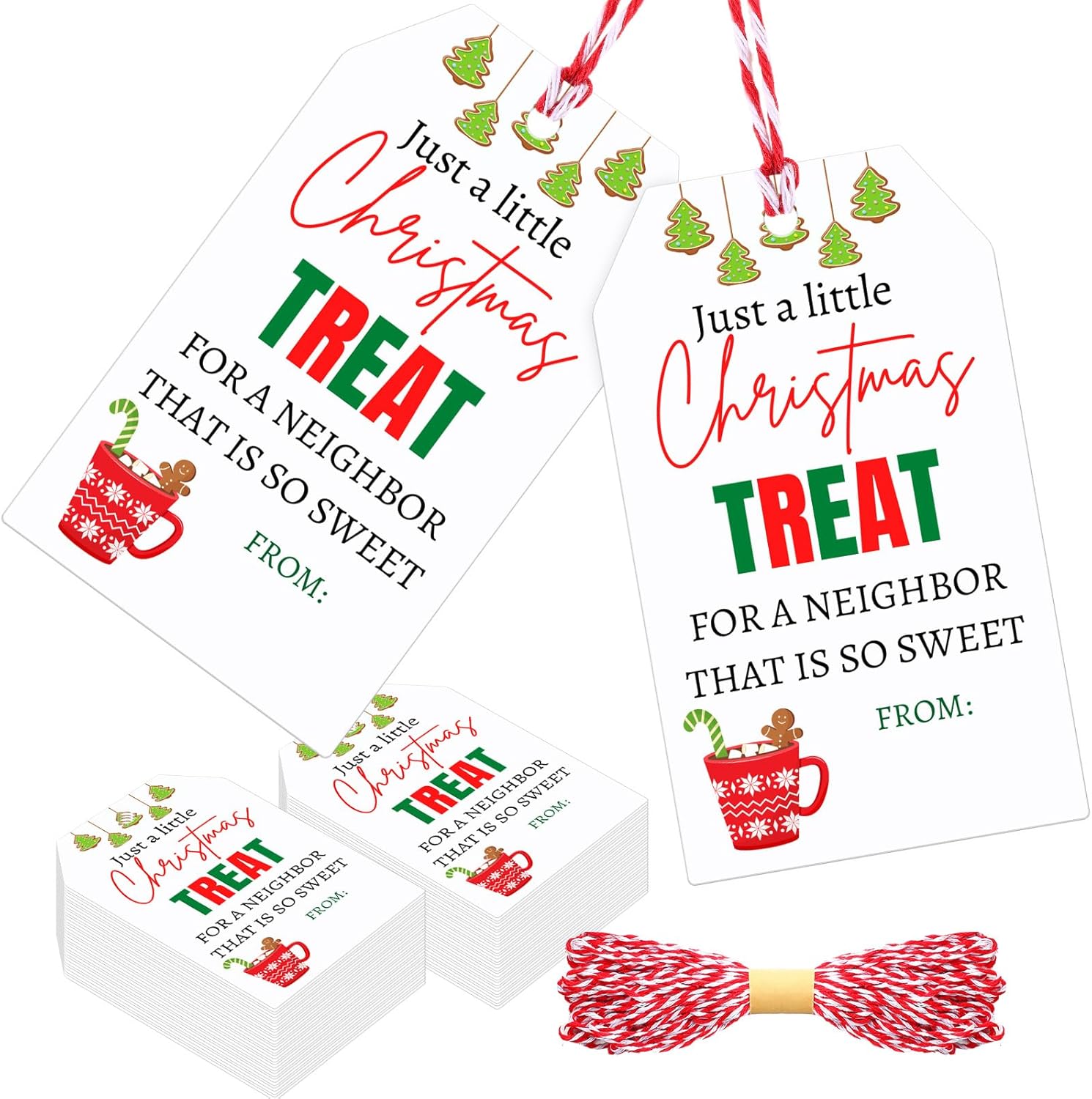 120 Pcs Christmas Hot Cocoa Tags for Neighbor, Paper Xmas Treat Sweet Tag for Neighbor with Rope Bulk for Cookie Labels Presents Boxes Decor