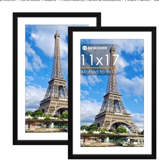 11x17 Picture Frame Set of 2, 9x15 with Mat or 11x17 Without Mat Minimalist Style Photo Frame with Plexiglass Cover for Wall Display, Black