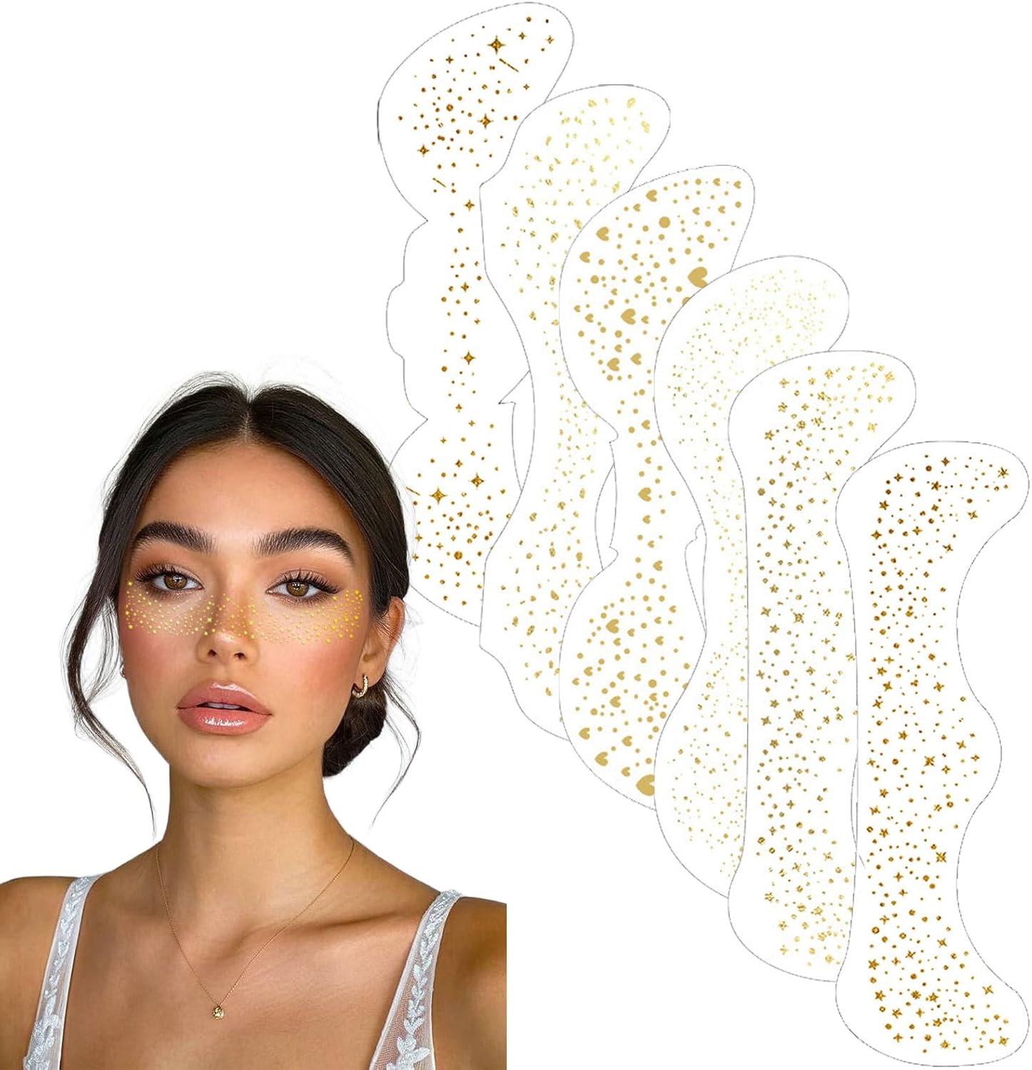 6Pcs Glitter Freckles Face Tattoo - 6.14x1.97 inch Gold Glitters Freckles for Sparkle Makeup - Face Tattoos for Women Christmas Gold Glitter Makeup
