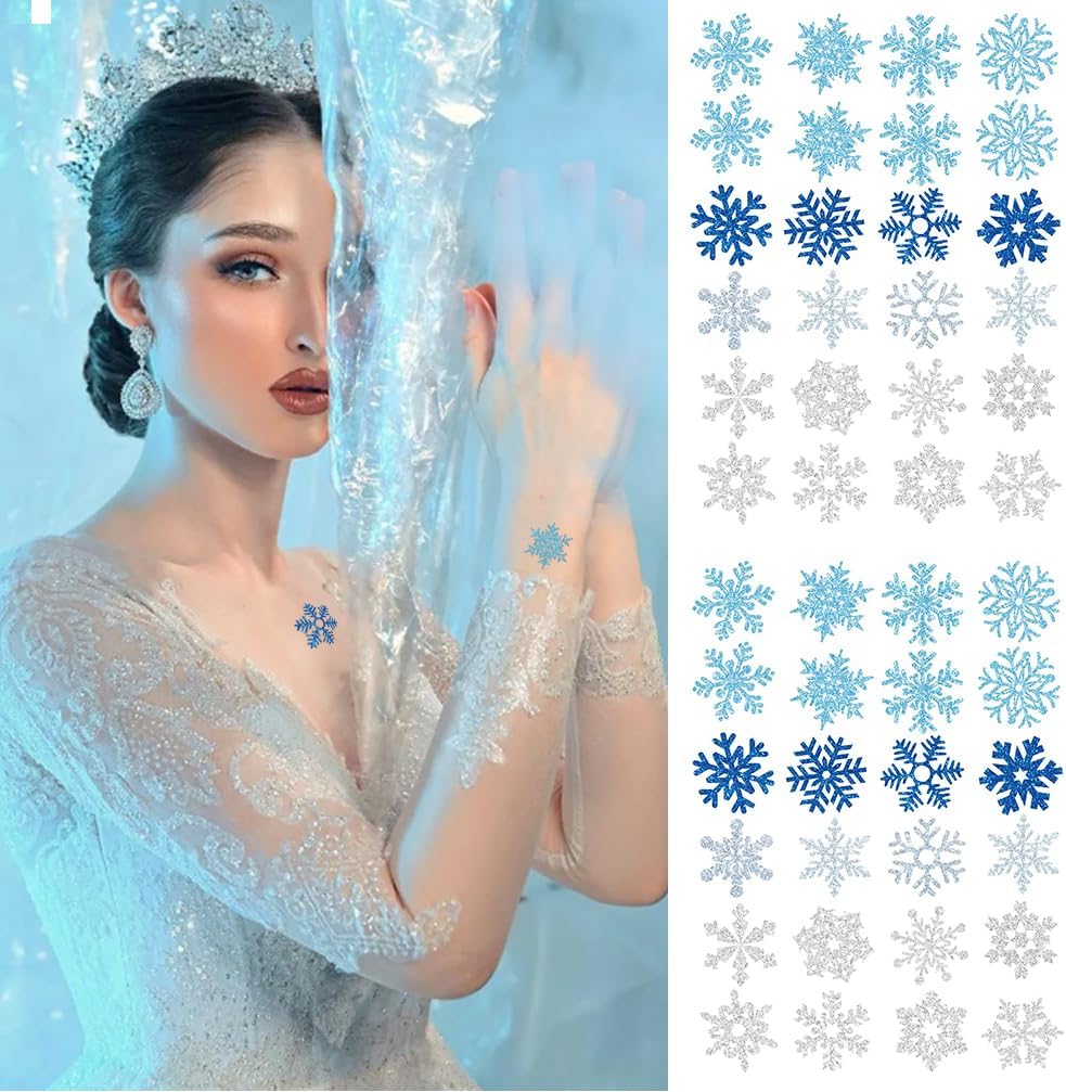 Glitter Snowflake Temporary Tattoos — 48 Pcs, Winter, 2 Large Sheets