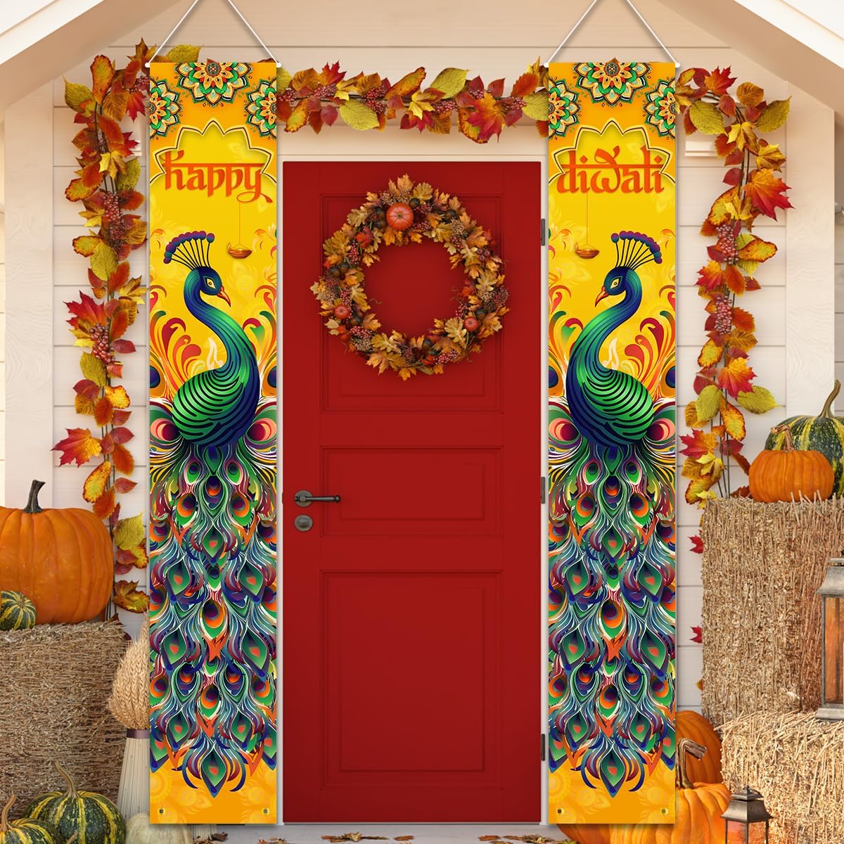 Happy Diwali Porch Banner - 12 x 71 in Indian Peacock Front Porch for Yard Indoor Outdoor Decor (Yellow)