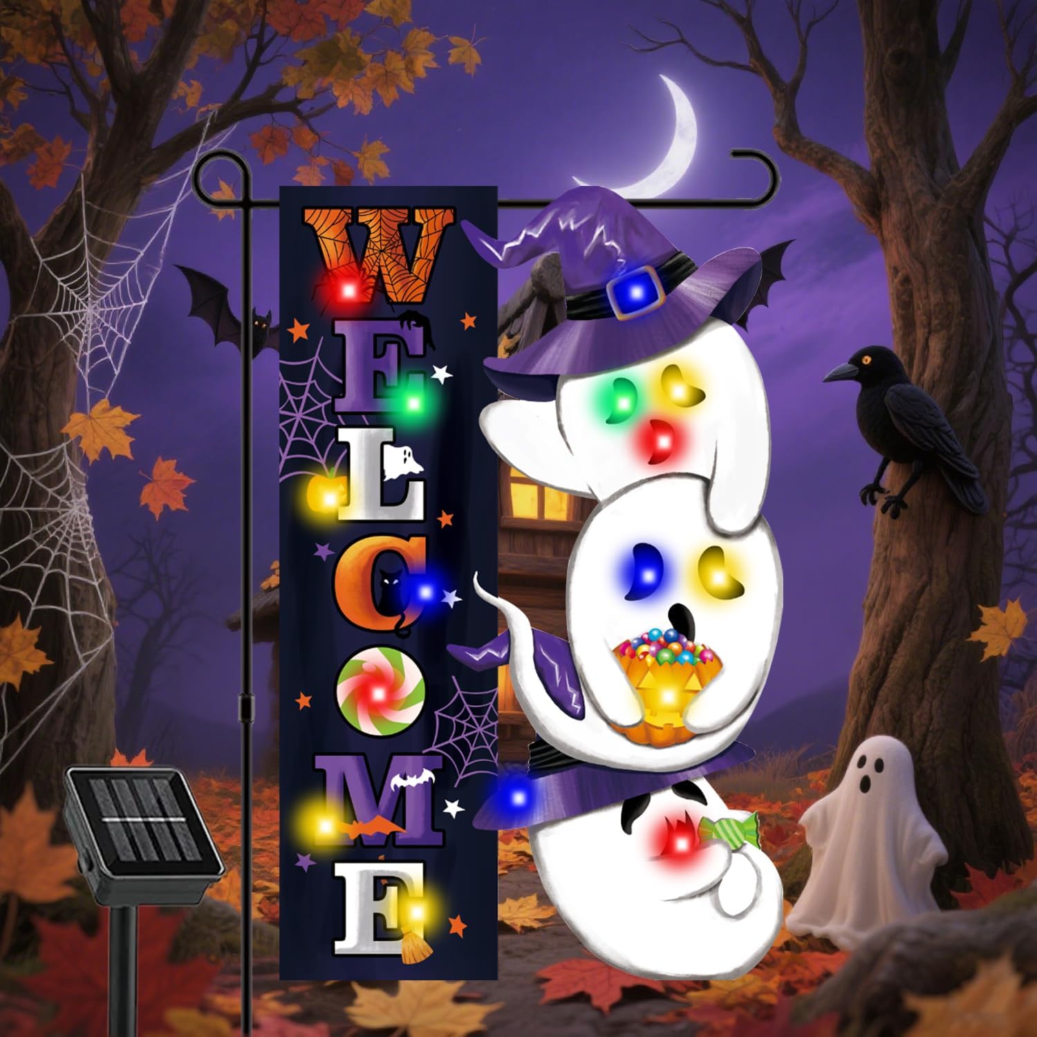 Lighted Halloween Garden Flag — Solar Ghost, 8 LED Modes, Double-Sided, 12×18"