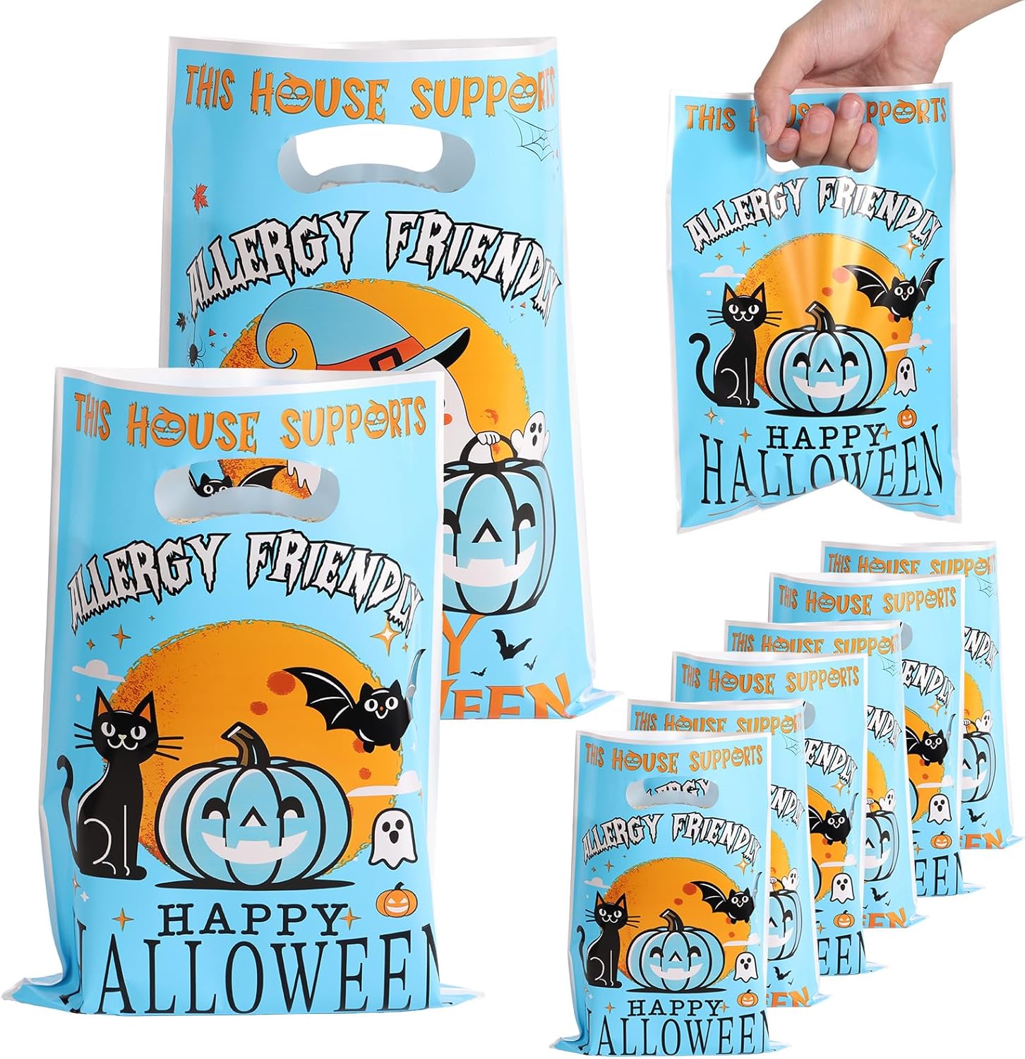 50pcs Bags, Pearlescent Film Halloween Theme Party Favor with Handles Lovely Candy Bags for Birthday Party Celebration Decoration Supplies