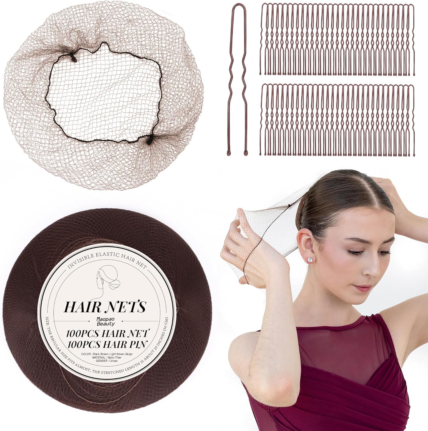 200PCS Hair Nets - 20 Inches Elasticity Invisible Elastic Mesh Wig Nets, U Shaped Hair Pins for Making Ballet Dancer Bun Maker (200PCS Sets, Brown)