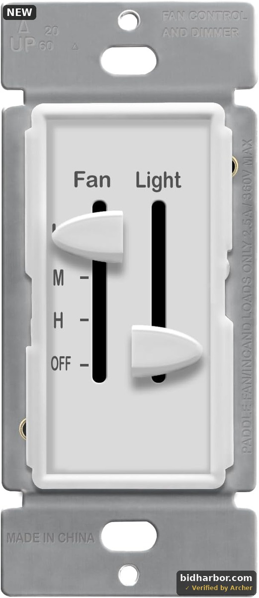 ENERLITES 3 Speed Ceiling Fan Control and LED Dimmer Light Switch, 2.5A Single Pole Light Fan Switch, 300W Incandescent Load, No Neutral Wire Required, 17001-F3-W, White