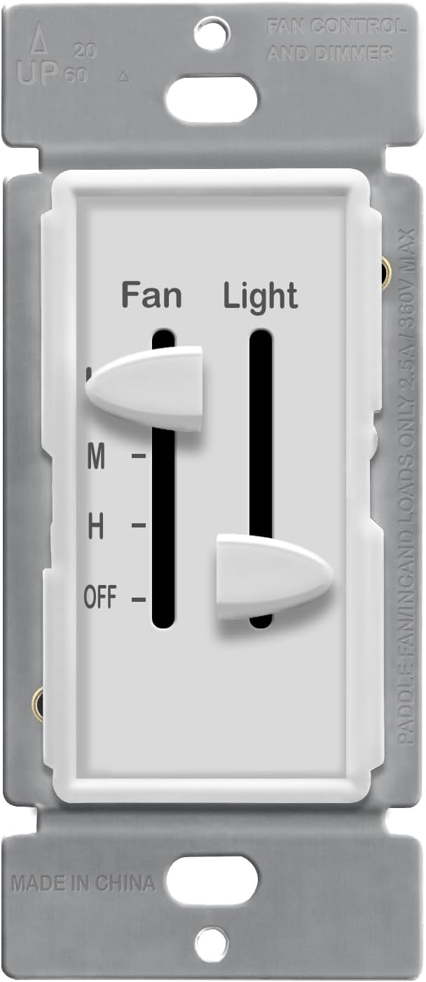 ENERLITES 3 Speed Ceiling Fan Control and LED Dimmer Light Switch, 2.5A Single Pole Light Fan Switch, 300W Incandescent Load, No Neutral Wire Required, 17001-F3-W, White