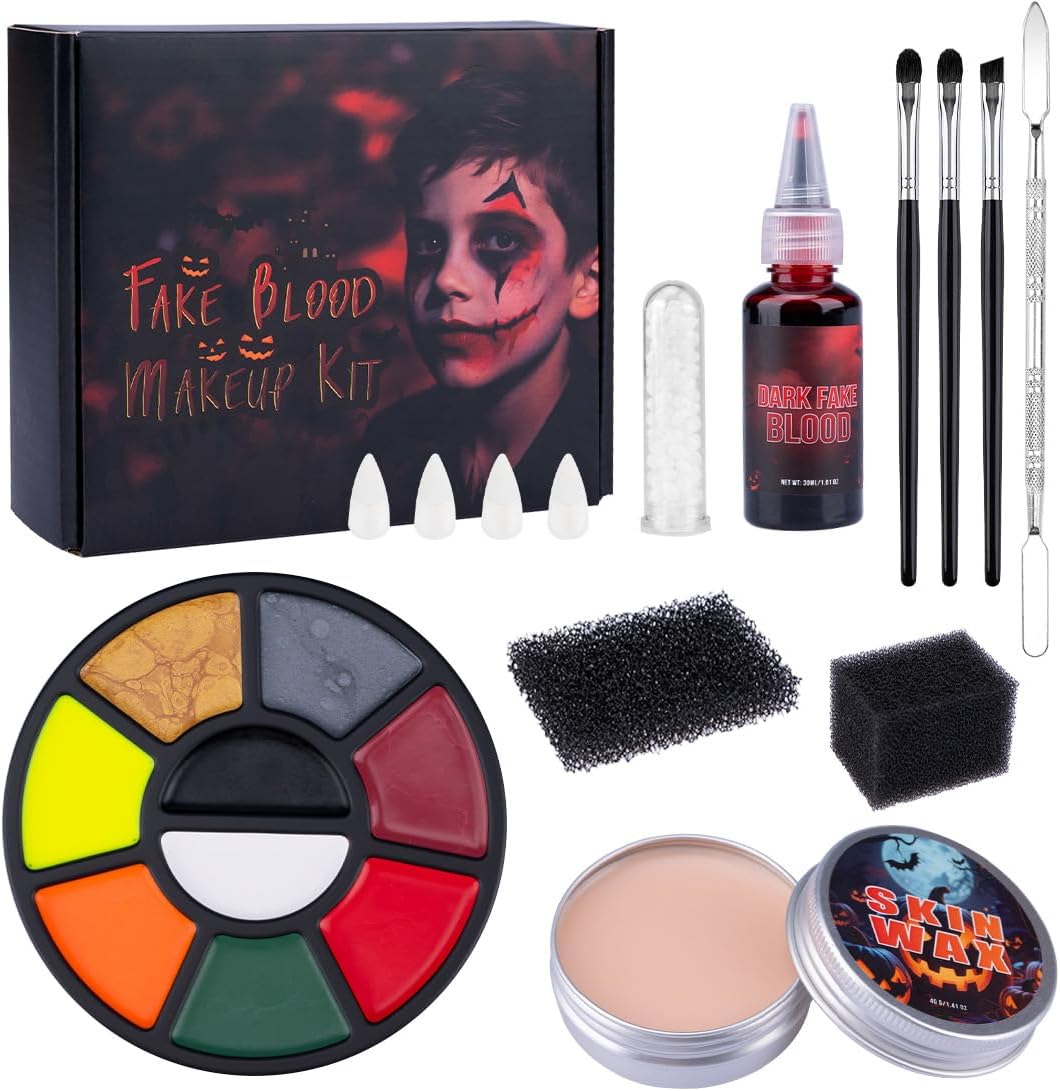 Halloween SFX Makeup Kit - 9 Colors Face Body Painting Kit+3 Pcs Artist Brushes+Scar Wax with Spatula Tool+ Fake Blood Splatter Spray+4 Pcs Fake Teeth+0.2oz False Teeth Beads+2 Pcs Stipple Spong
