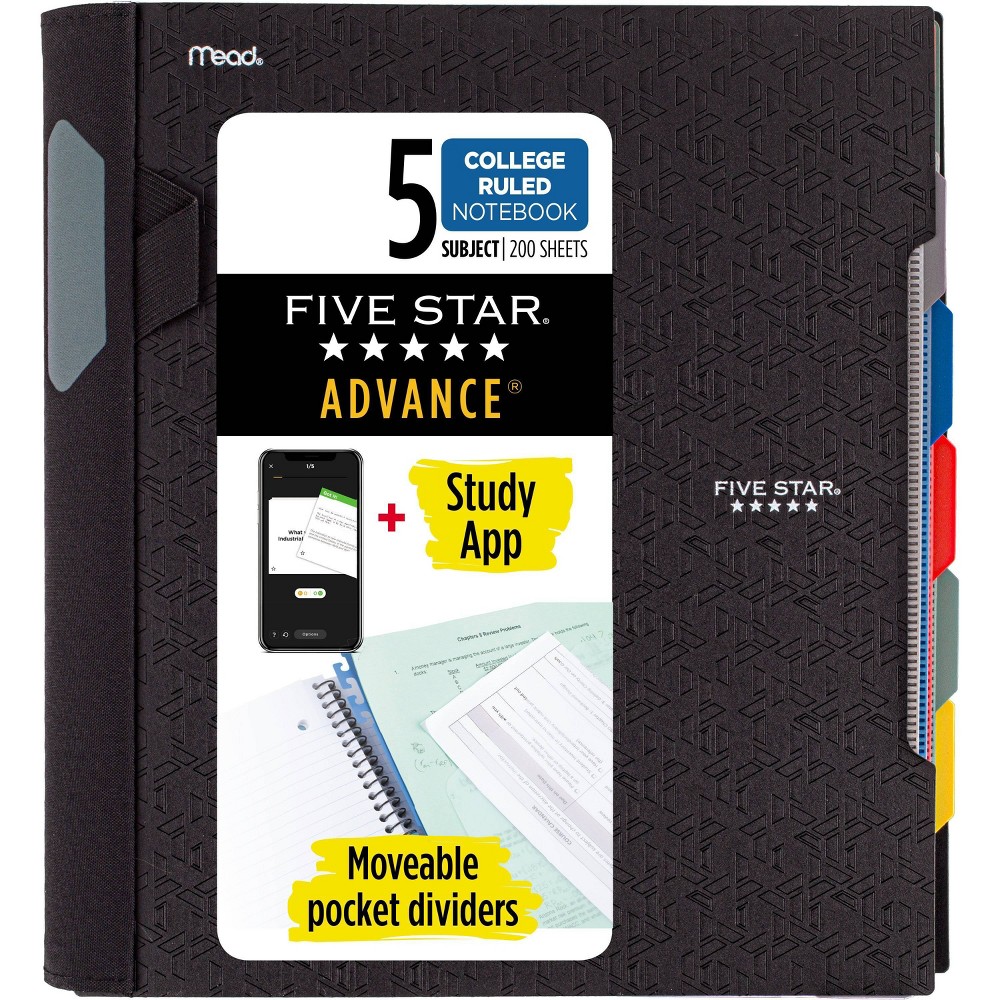 Five Star 200 Sheets 5 Subject College Ruled Spiral Notebook with Pocket Dividers Black: Lined Paper  3 Hole Punched