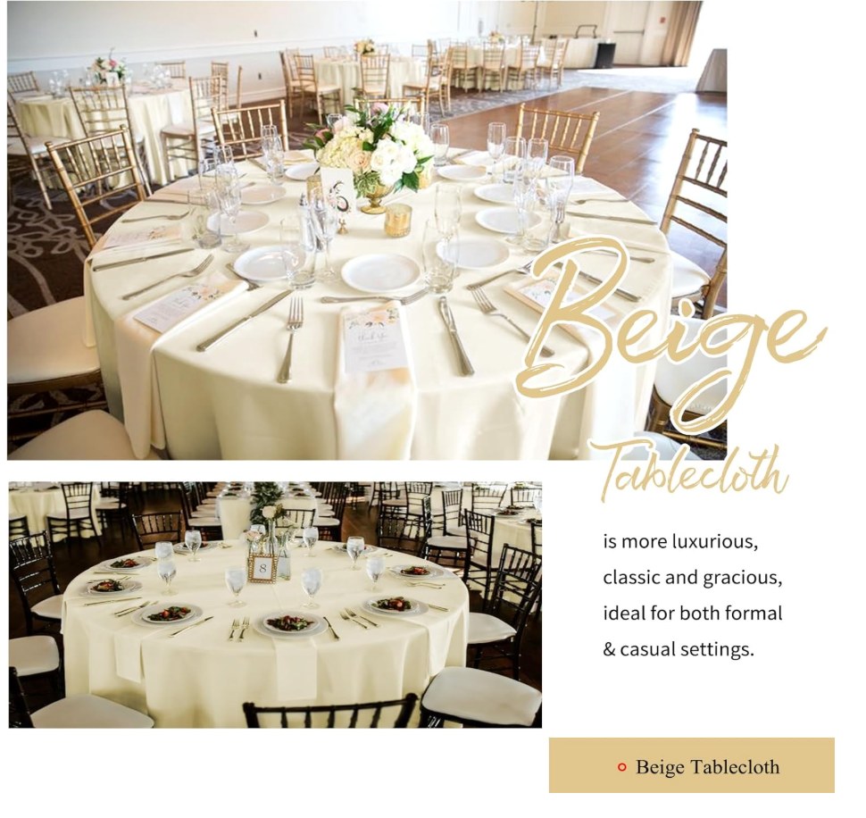 Showgeous Beige Round Tablecloth - 120 Inch Polyester Table Cloth - Washable Decorative Fabric Table Covers for Wedding, Dining, Party, Banquet, Buffet — Biege, 120 Inch Polyester Table Cloth - Quantity 1