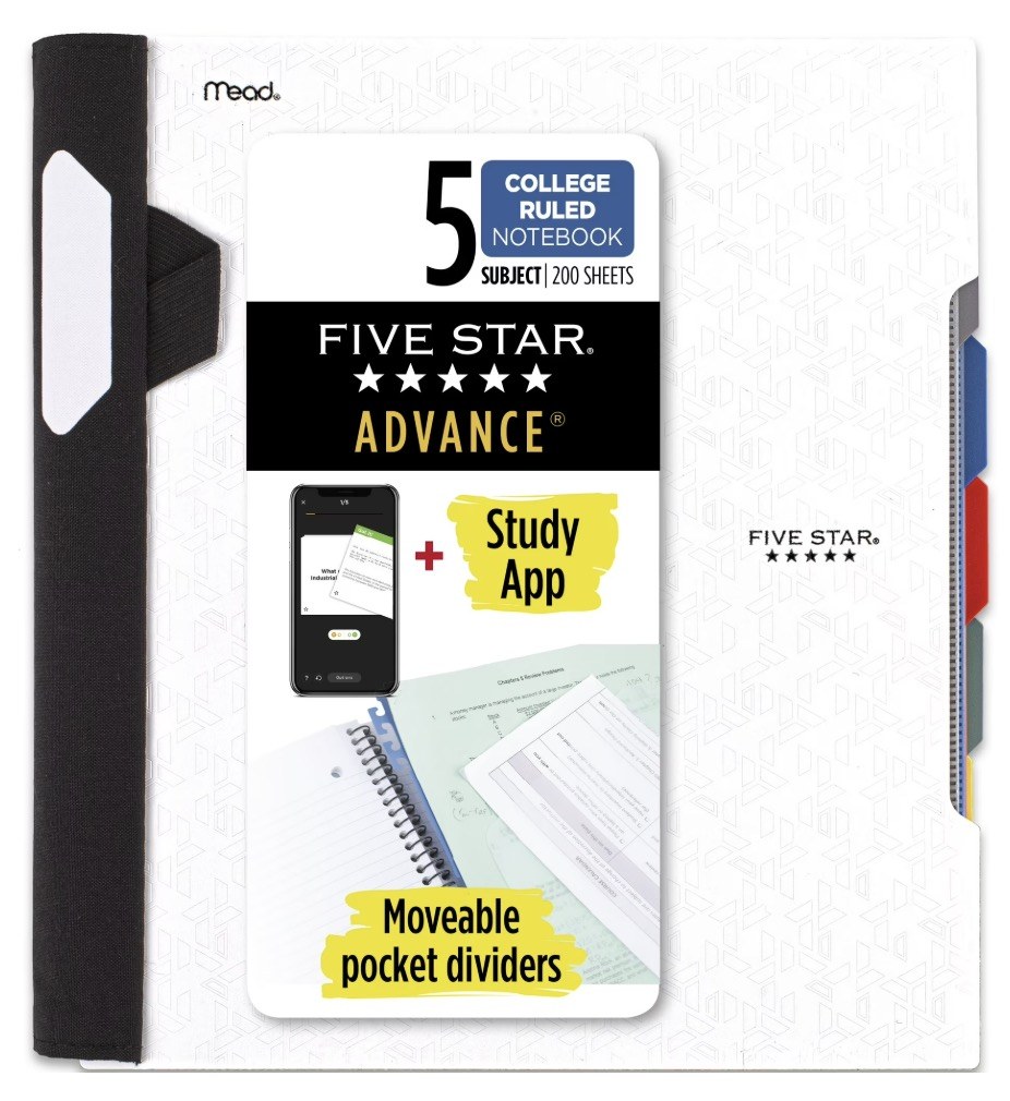 Five Star 300 Sheets 5 Subject College Ruled Spiral Notebook with Pocket Dividers White