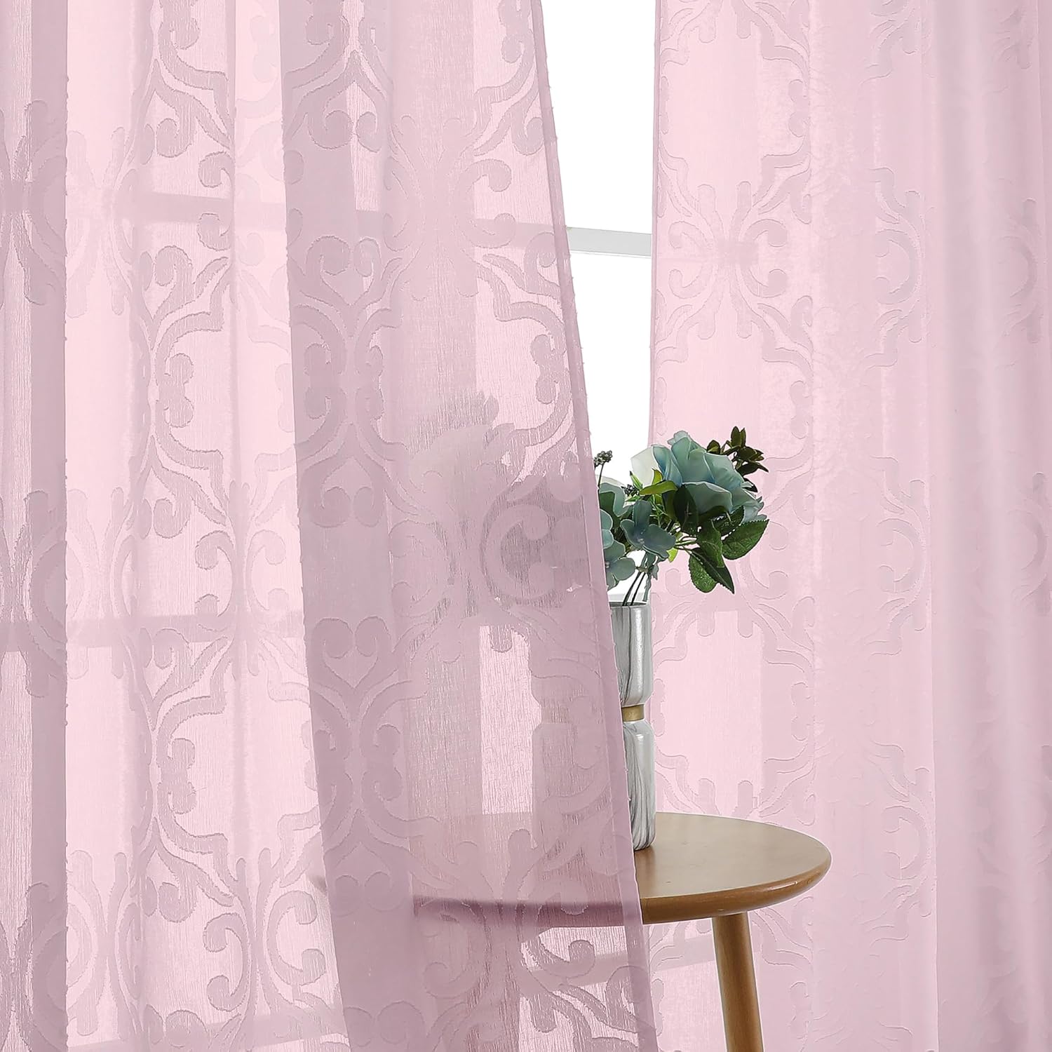 Aiyufeng Sheer Curtains - 84 Inch Long, Solid Blush, Elegant 3D Floral Clip Jacquard Light Filtering Semi-Sheer Curtains for Living Room & Girls Bedroom, 54Wx84L Inch, 2 Panels
