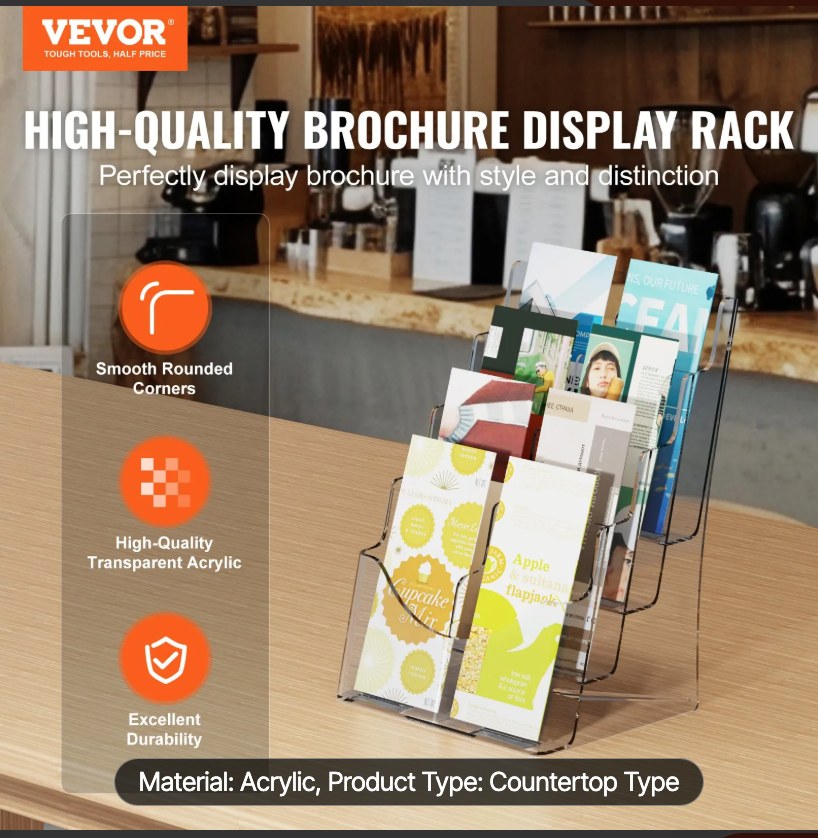 VEVOR Acrylic Brochure Holder 8.5 x 11 inch, 4-Tier Clear Acrylic Literature Display Stand, Plastic Literature Organizer Flyer Stand & Removable Divider for Office Exhibition, Countertop or Wall Mount