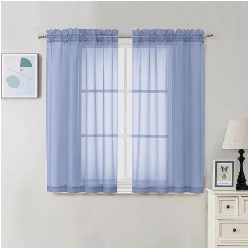 Sheer Curtains 54 Inch Long 2 Panels Set - Light Filtering Short Soft Airy Short Cafe Curtains, Modern Rod Pocket for Dinning Living Room Bedroom, 42Wx54L Inch, Denim Blue
