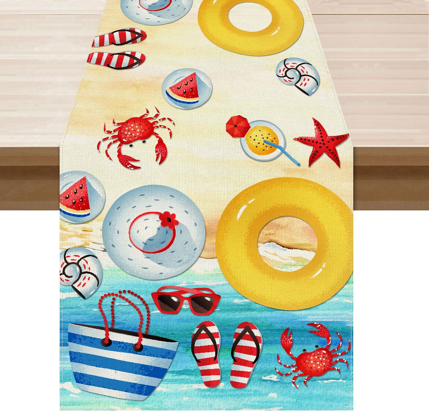 Summer Beach Table Runner — Swim Ring & Flip-Flop Print