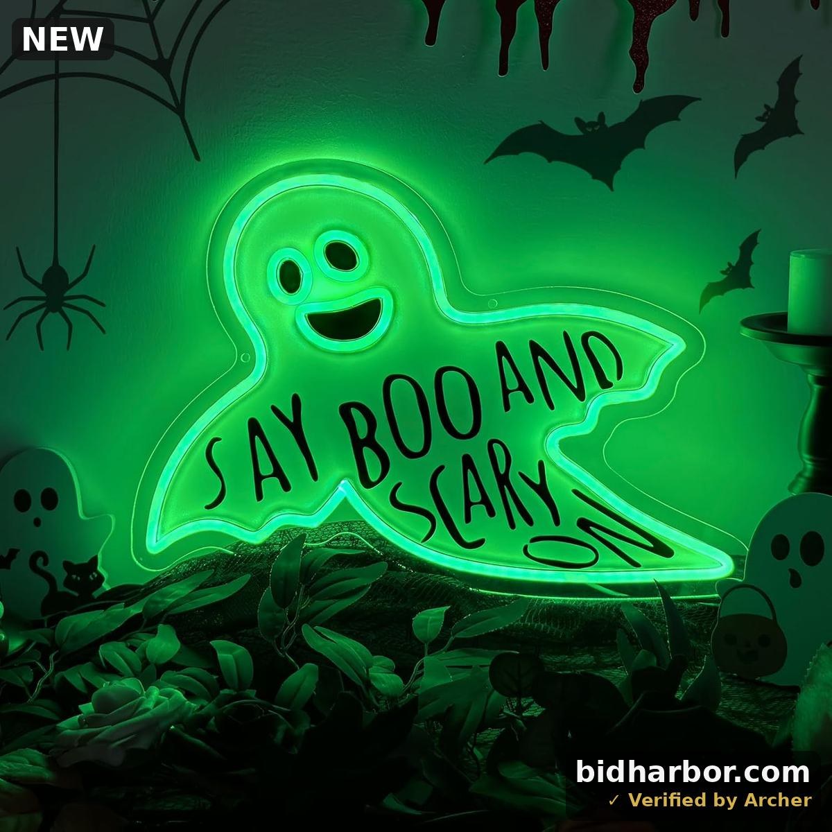 DOLEEYAE Halloween LED Ghost Neon Sign, Acrylic Scary Ghost Light with USB Adjustable Brightness & Hanging Chain for Halloween Party Home Wall Decor Bedroom,Room,Living Room,Bar,Party
