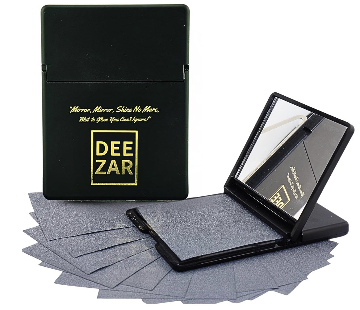 Premium Oil Blotting Sheets for Face with Compact Mirror Case, Bamboo Charcoal – Ultra-Absorbent, Portable, Makeup-Friendly, 50 Thick Sheets for Oily Skin, Men & Women, Ideal for Quick Oil Control