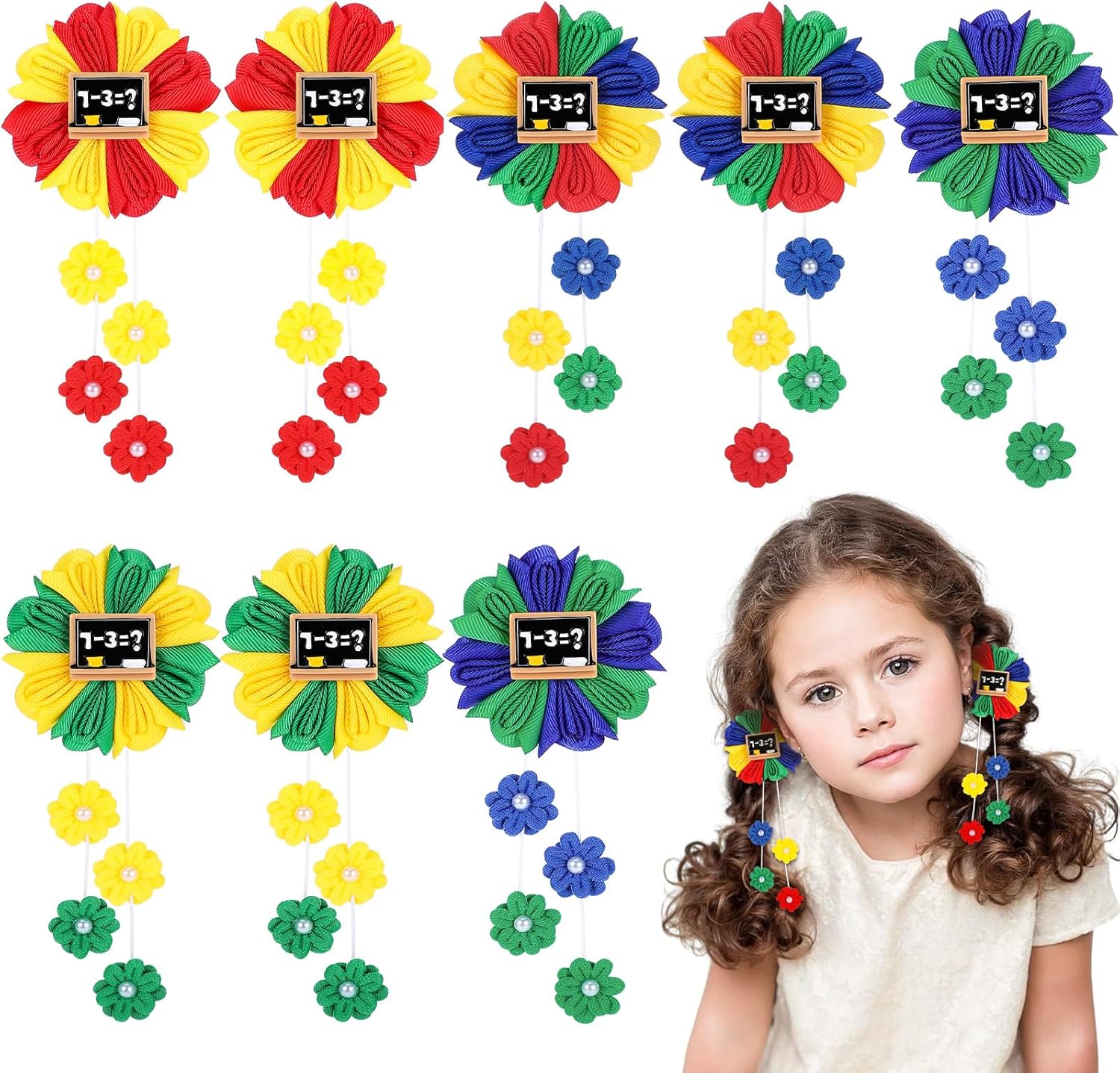 Flower Hair Bows with Alligator Clips — 4 Colors, 8-Pack