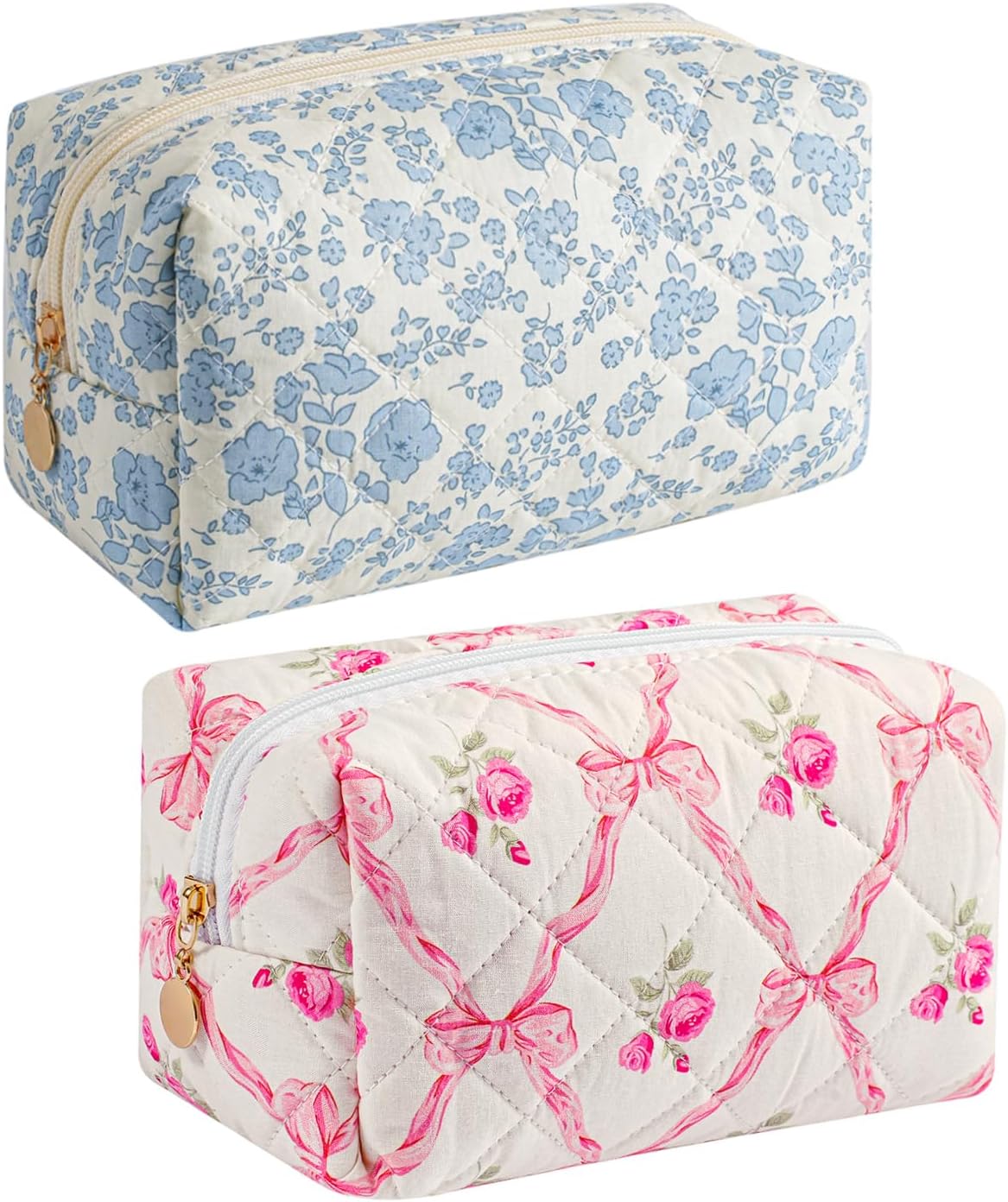 Quilted Floral Makeup Bags — Cotton Travel Toiletry Set, 2-Pc