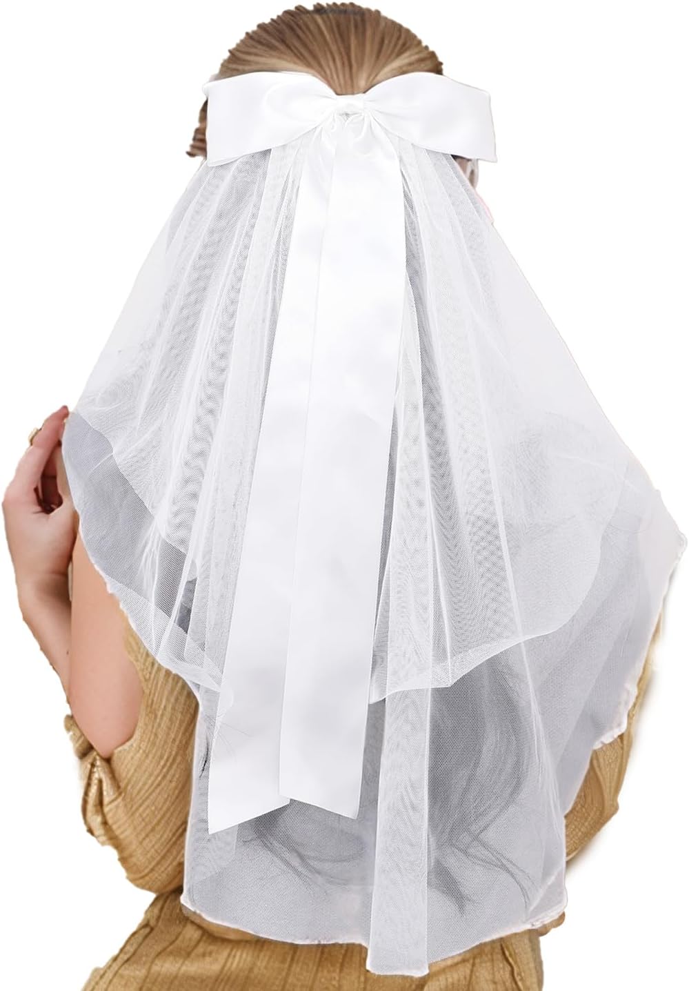 Bridal Veil with Satin Bow — White Soft Tulle