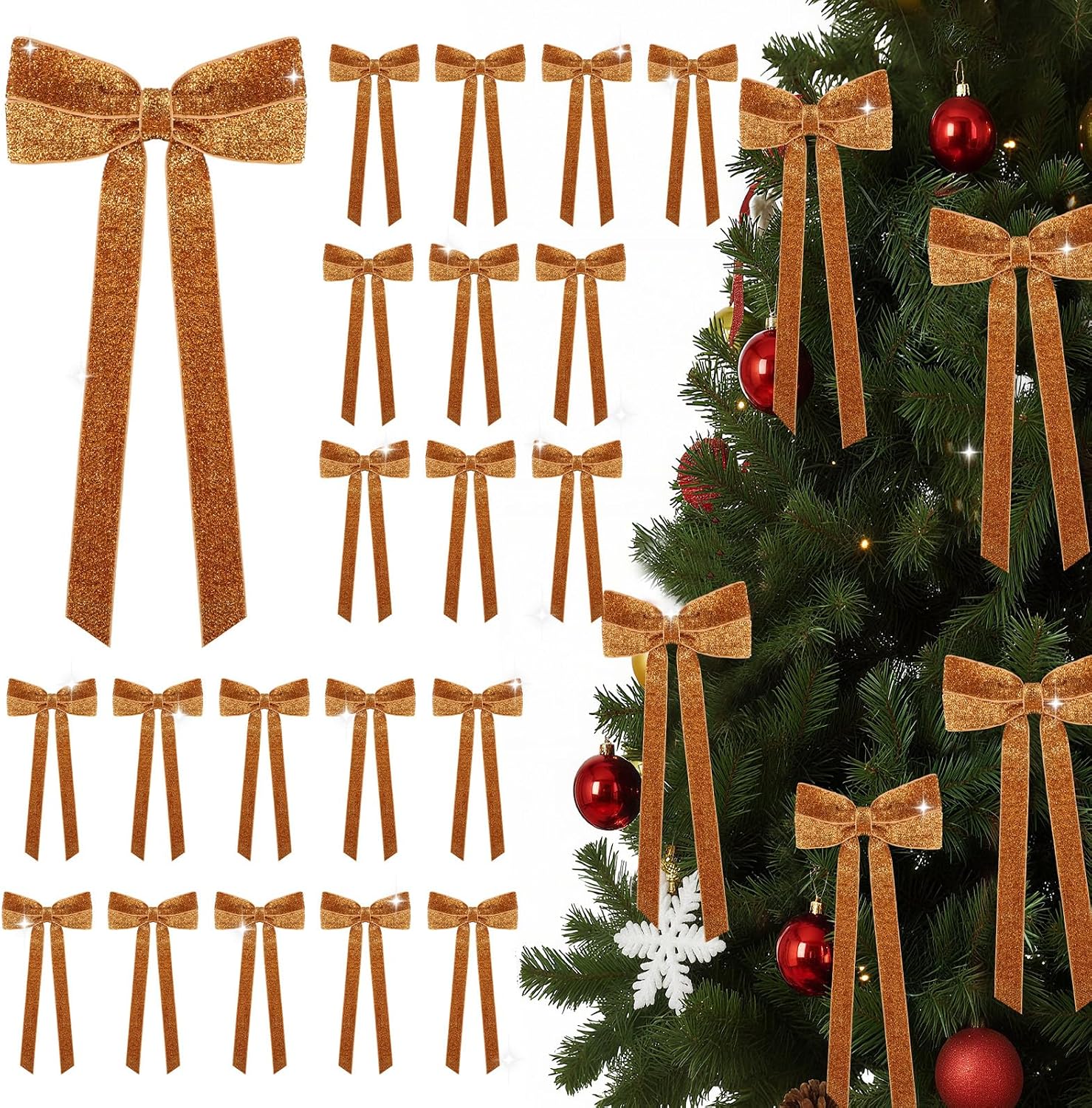 Velvet Glitter Christmas Bow Ornaments — Orange, 6.3×12", 24-Pack