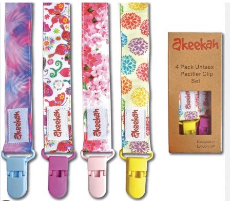 Baby Pacifier Clip Girl by Akeekah | 4 Pack | Luxury Eco-Friendly Gift Box | Soothie Pacifier Holder & Binky Clip with Awesome Colorful Designs | Safe BPA Free & Washable Plastic Paci Clips | Easy Use