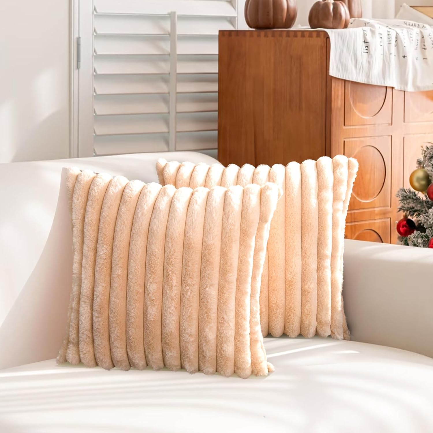 Faux Fur Decorative Throw Pillow Covers — Striped Plush, 18×18 in, Khaki Camel, 2-Pack
