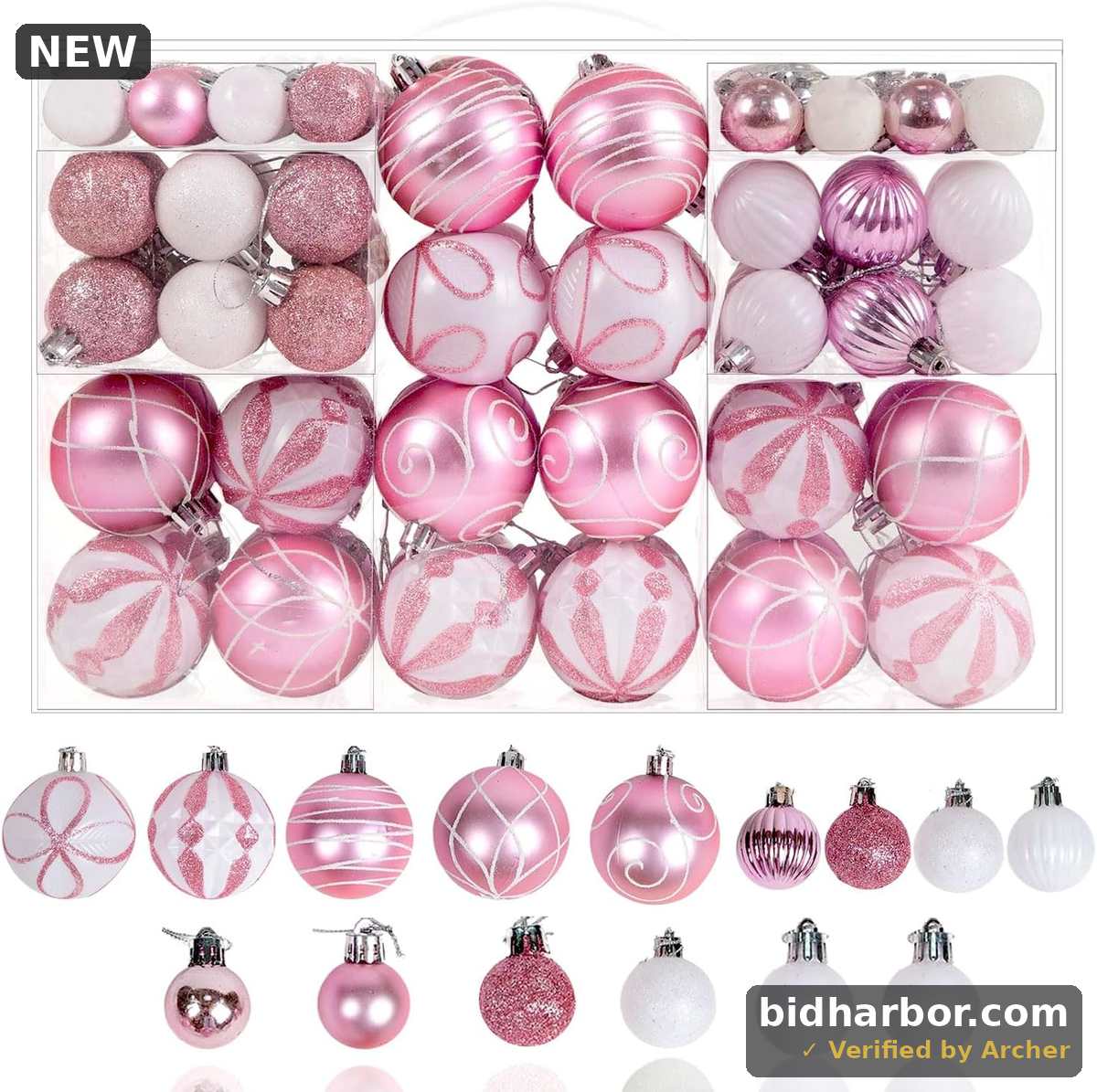 Christmas Ball Ornaments — Glitter & Patterns, Pink & White, 100-Pack