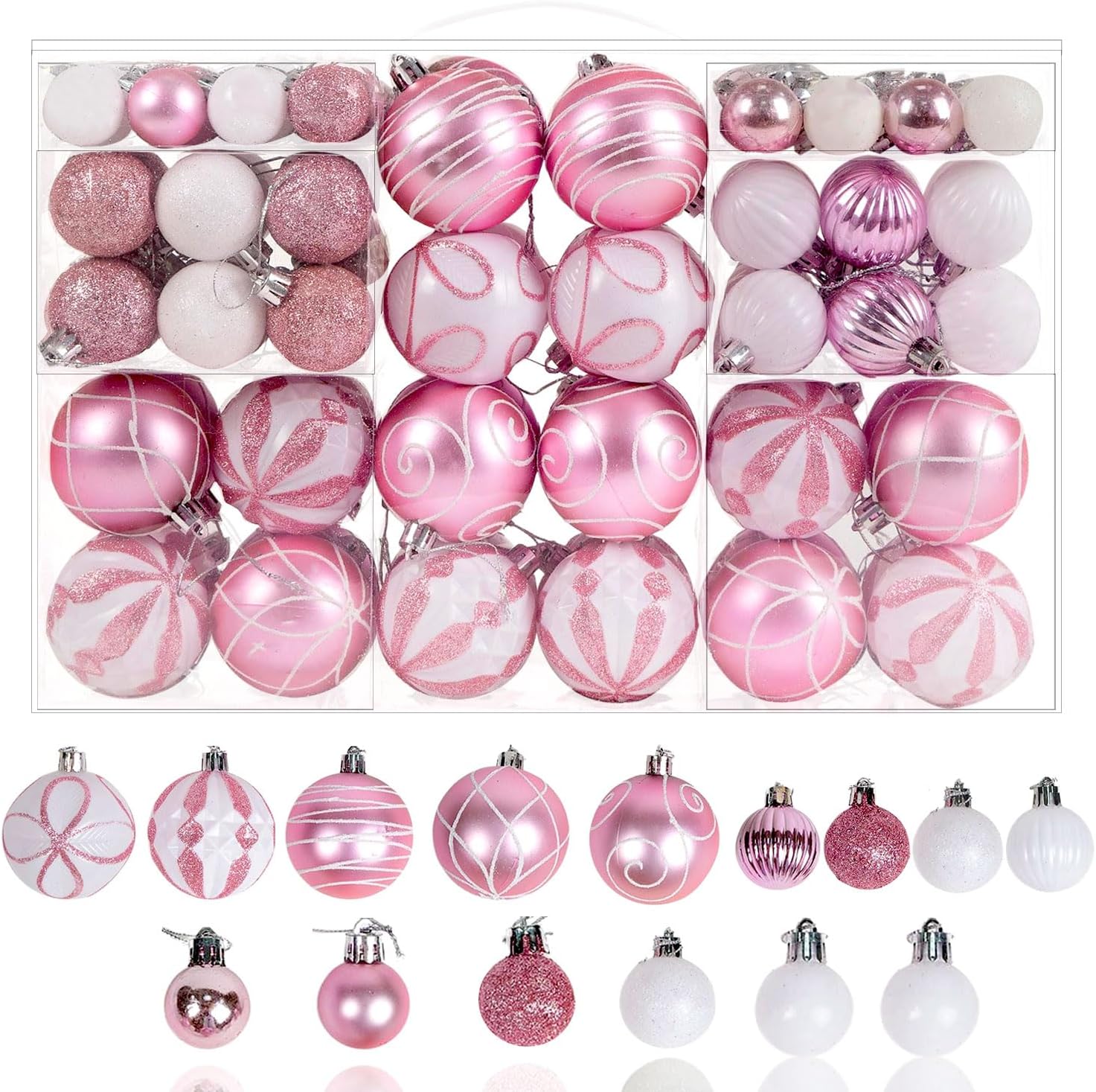 Christmas Ball Ornaments — Glitter & Patterns, Pink & White, 100-Pack