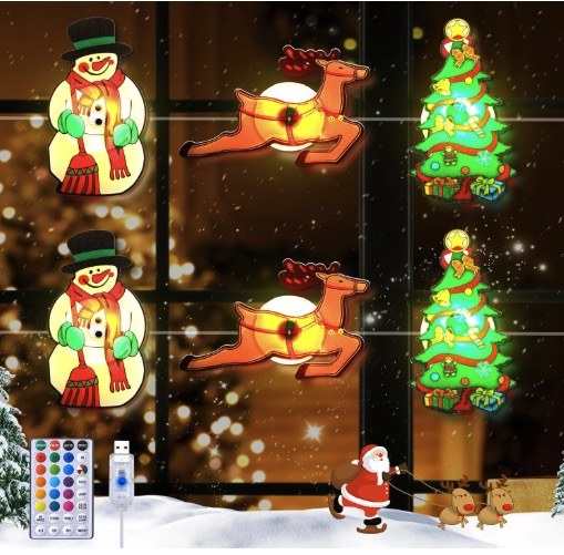 Christmas Window Lights — 15 Color LED Changing Stickers, Deer/Tree/Snowman, 15 Modes