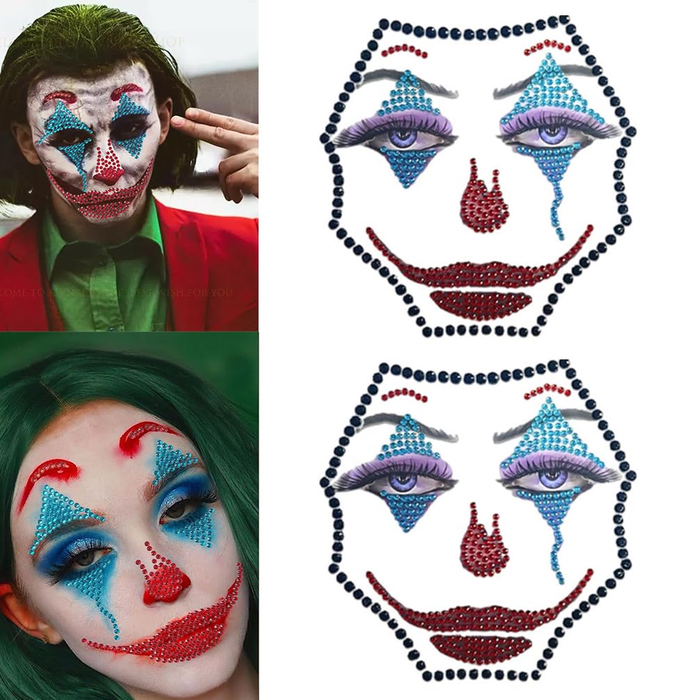 Clown Face Makeup Stickers for Halloween Carnival Party, 3D Gemstone Rhinestone Gems, Scary Confused Glitter Tattoo (Medium, Count, 1)