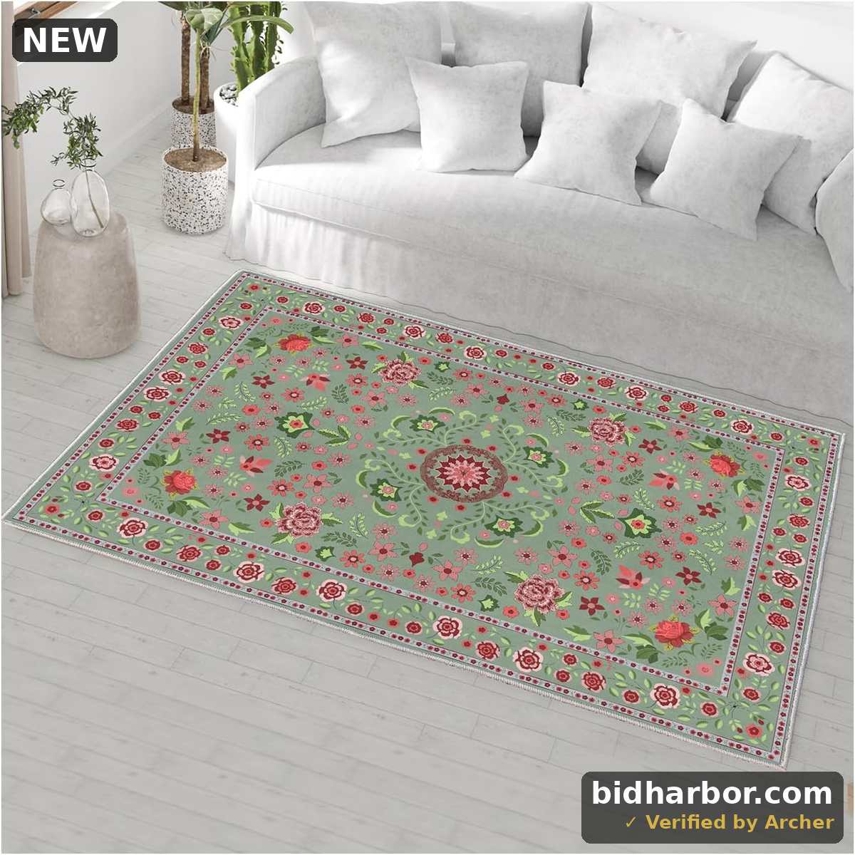 BYINGWD Indoor Door Mat Cute Rug Machine Washable Happiness Floral Area Rug Low Pile Throw Rugs for Entryway, Kitchen, Front Door, Entry, Kids Room (Prosperous Green, 90 * 150cm(3'*5'))