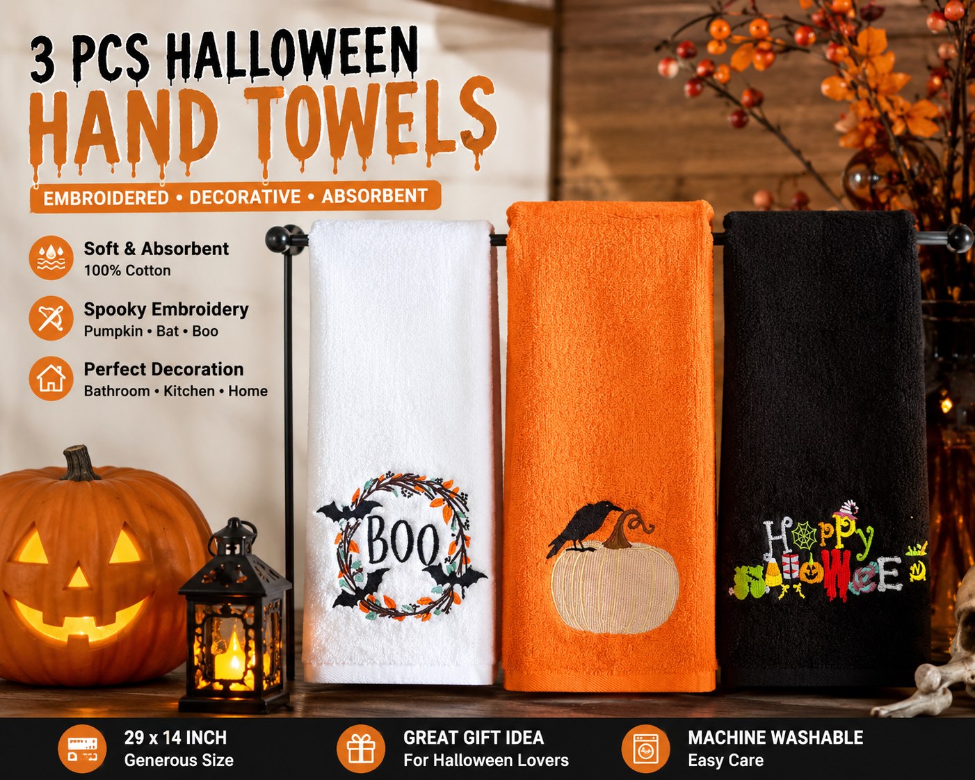 Mindsoft 3 Pcs Halloween Hand Towels for Bathroom Decorative Embroidered Boo Pumpkin Bat Bath Towel Halloween Cotton Towel Decor for Bathroom Drying Cleaning Cooking Gift 29 x 14 Inch