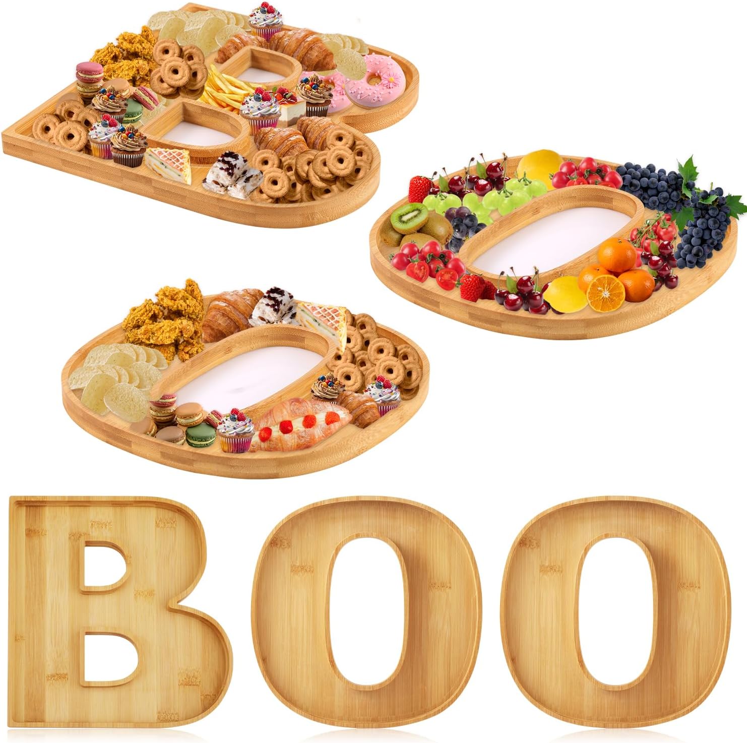 PEUTIER 3pcs Halloween Charcuterie Board, BOO Halloween Cheese Board Wooden Serving Platter Snack Trays Dinnerware Cookware for Home Kitchen Candy Cookie
