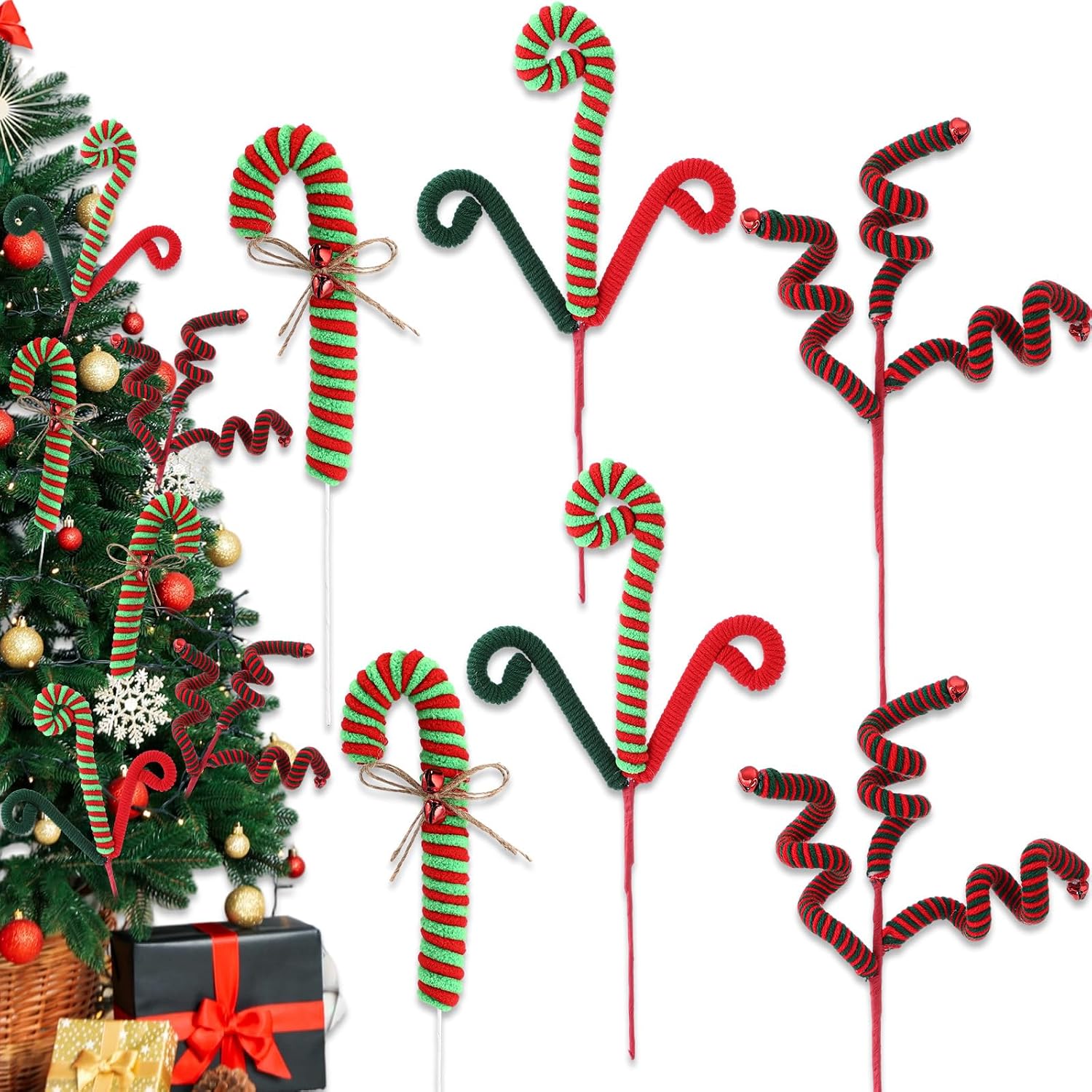 Chiisong 6 Pcs Christmas Tree Decorations Picks 12 Inch Christmas Woolen Bells Candy Curly Pick Xmas Tree Topper Ornaments for Home Office Party Supplies(Red Green)