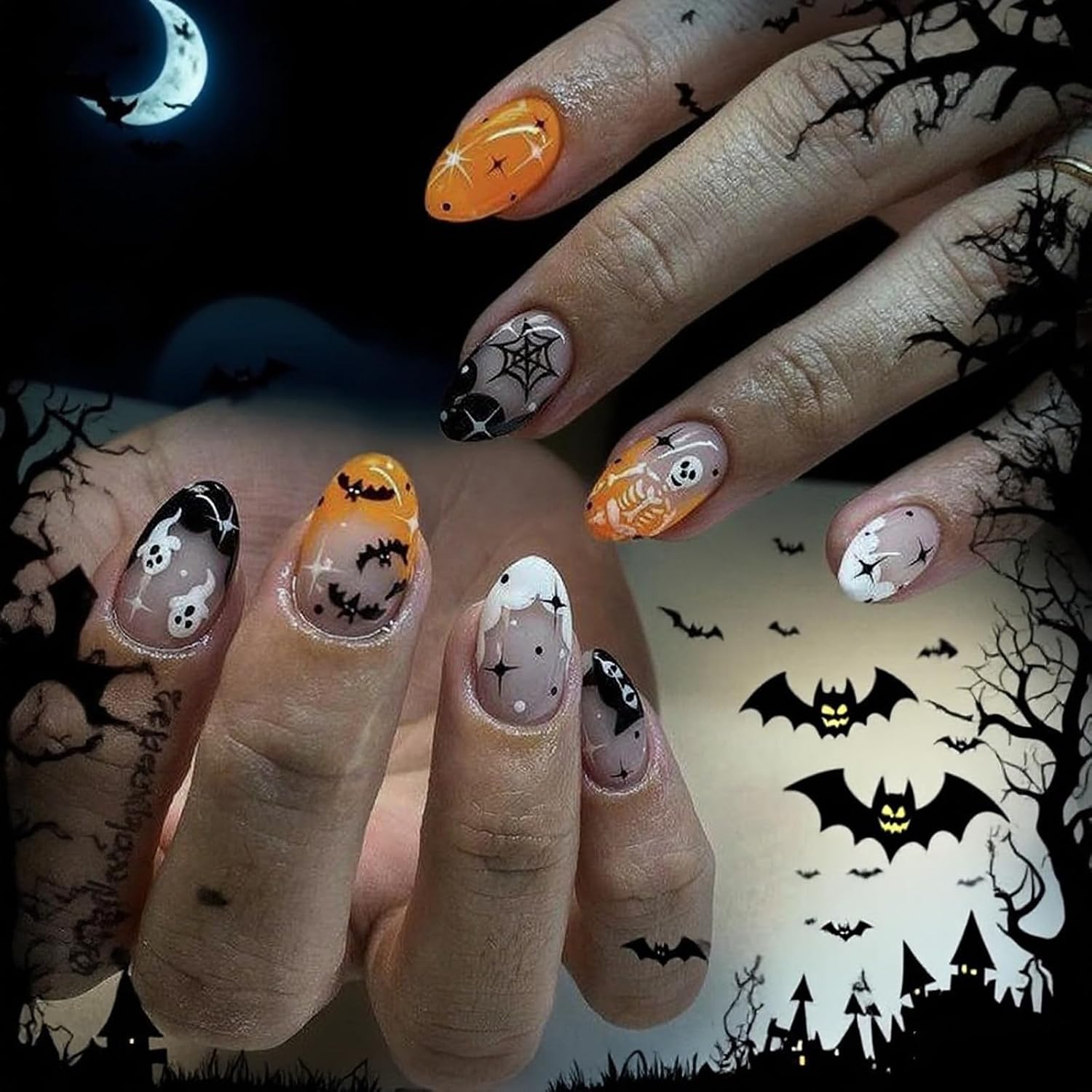 Halloween Press on Nails Short Almond Fake Nails French Tip Glue on Nails Skeleton Ghost Bat Stick on Nail The Day of Dead Acrylic Nail Glossy Full Cover Artificial Nail Kit for Women Girls 24Pcs