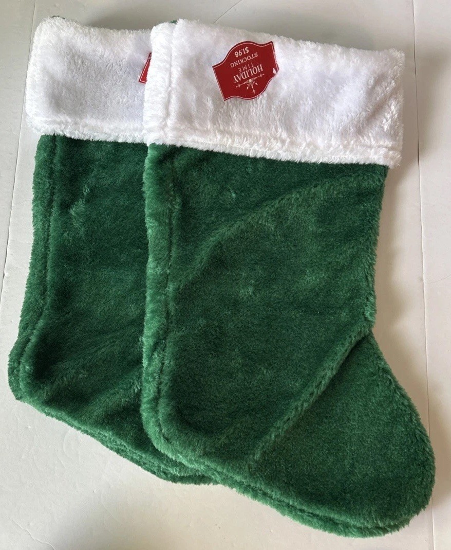 LOT of 2 Holiday Time Green Plush Christmas Hanging Stockings Faux Fur NEW